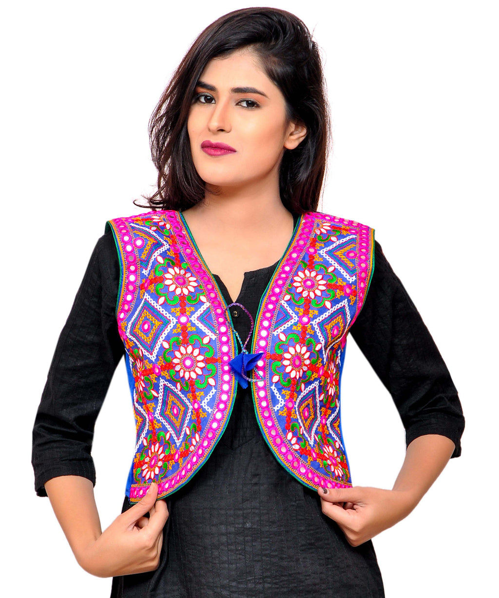 Banjara India Women's Cotton Blend Kutchi Embroidered Sleeveless Short Jacket/Koti/Shrug (Rajwadi) - SSP-RJW04 - Banjara India