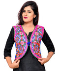 Banjara India Women's Cotton Blend Kutchi Embroidered Sleeveless Short Jacket/Koti/Shrug (Rajwadi) - SSP-RJW04 - Banjara India