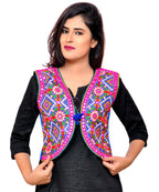 Banjara India Women's Cotton Blend Kutchi Embroidered Sleeveless Short Jacket/Koti/Shrug (Rajwadi) - SSP-RJW04 - Banjara India