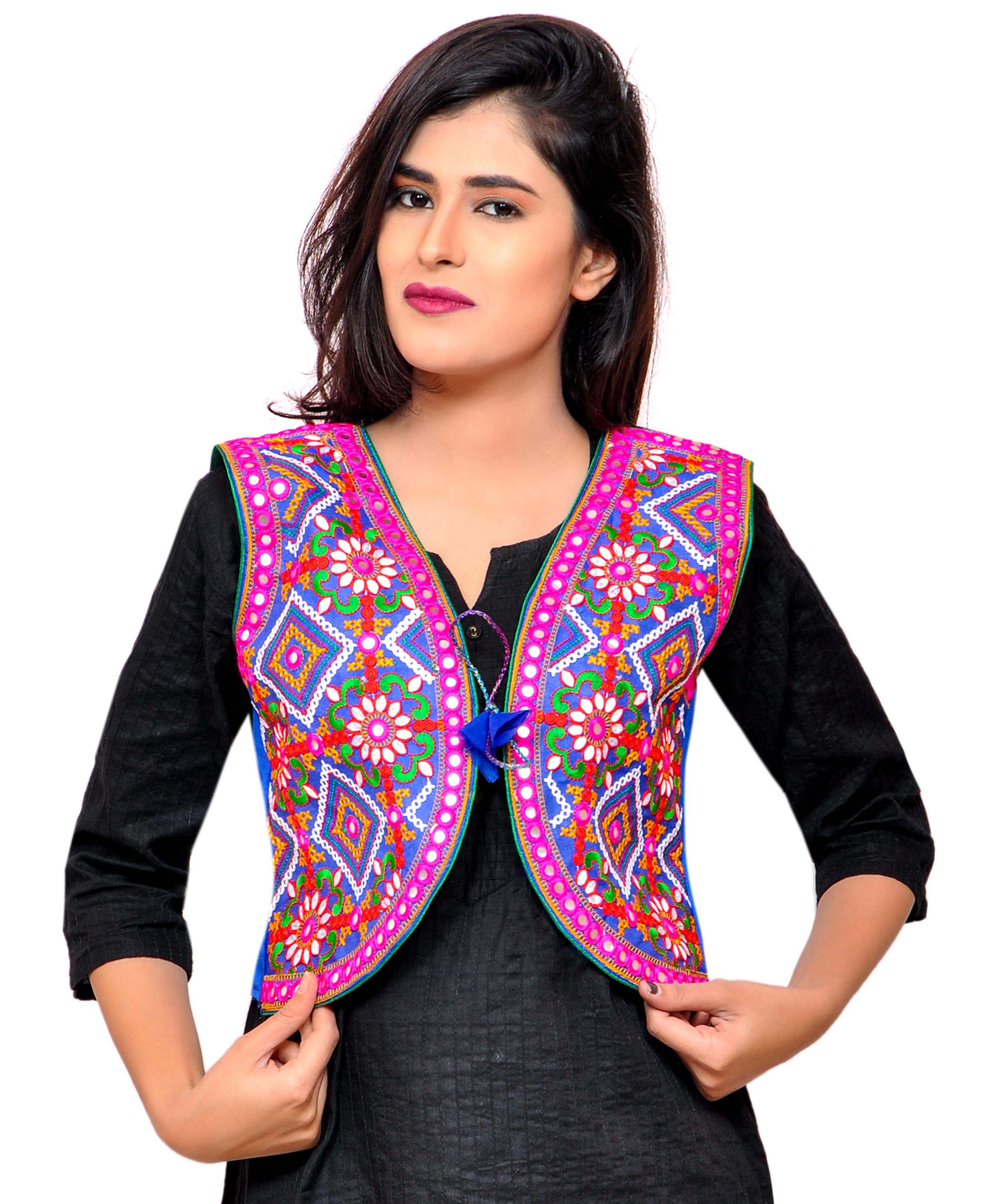 Banjara India Women's Cotton Blend Kutchi Embroidered Sleeveless Short Jacket/Koti/Shrug (Rajwadi) - SSP-RJW04 - Banjara India