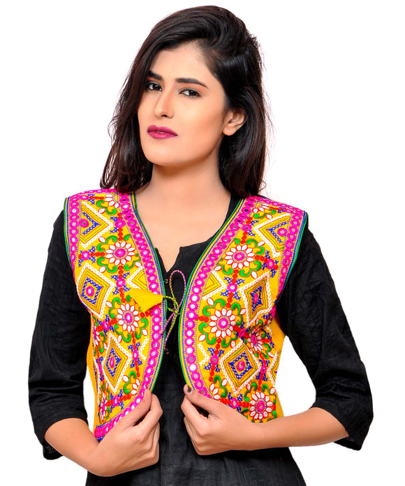 Banjara India Women's Cotton Blend Kutchi Embroidered Sleeveless Short Jacket/Koti/Shrug (Rajwadi) - SSP-RJW05 - Banjara India