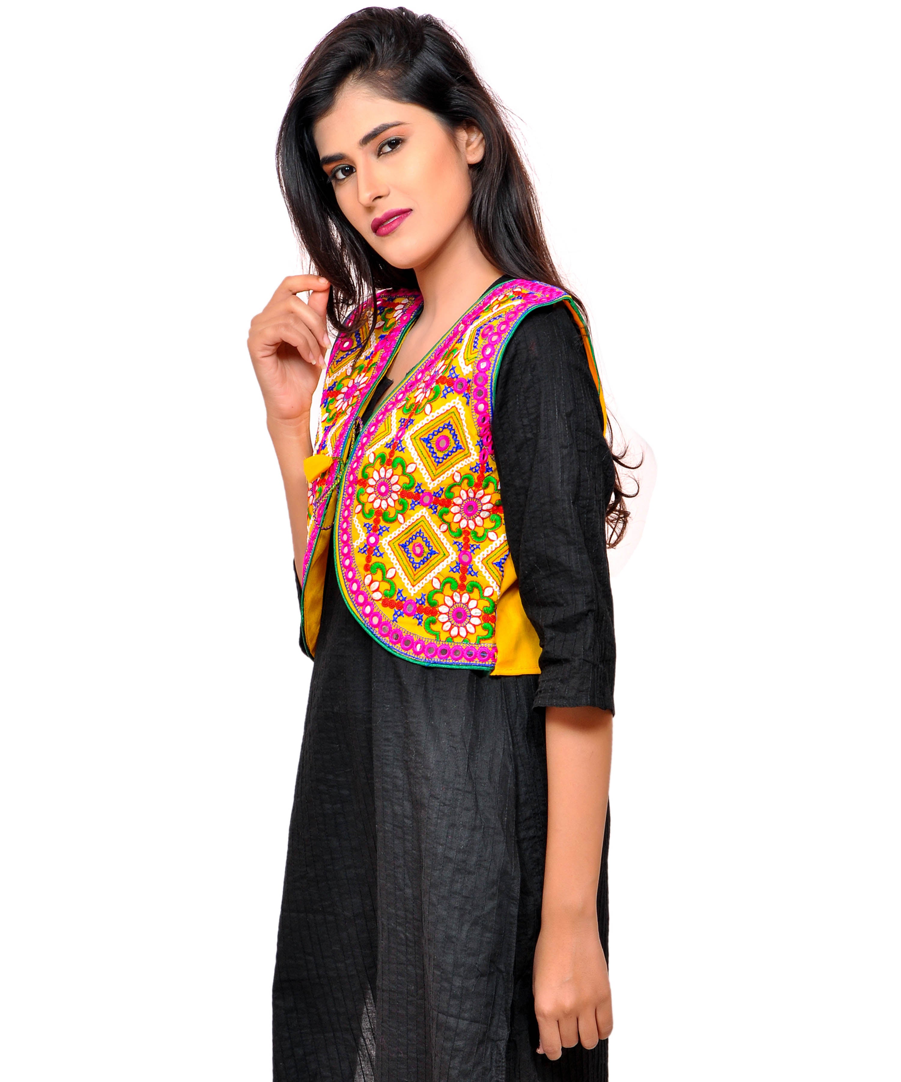 Banjara India Women's Cotton Blend Kutchi Embroidered Sleeveless Short Jacket/Koti/Shrug (Rajwadi) - SSP-RJW05 - Banjara India