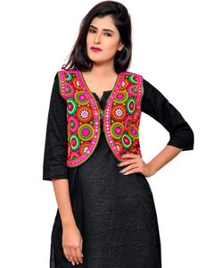 Banjara India Women's Cotton Blend Kutchi Embroidered Sleeveless Short Jacket/Koti/Shrug (Tanatan) - SSP-TAN01 - Banjara India