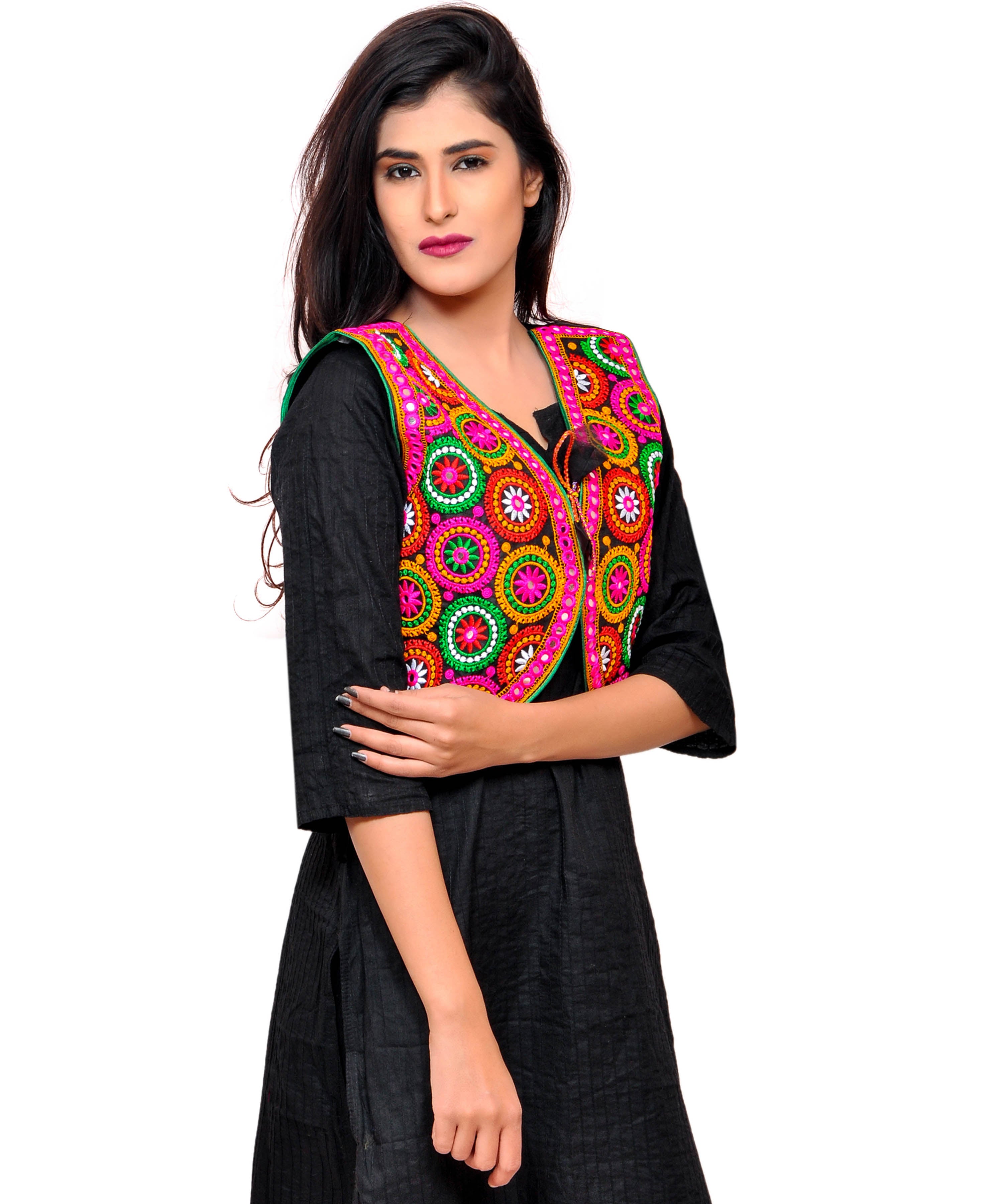 Banjara India Women's Cotton Blend Kutchi Embroidered Sleeveless Short Jacket/Koti/Shrug (Tanatan) - SSP-TAN01 - Banjara India