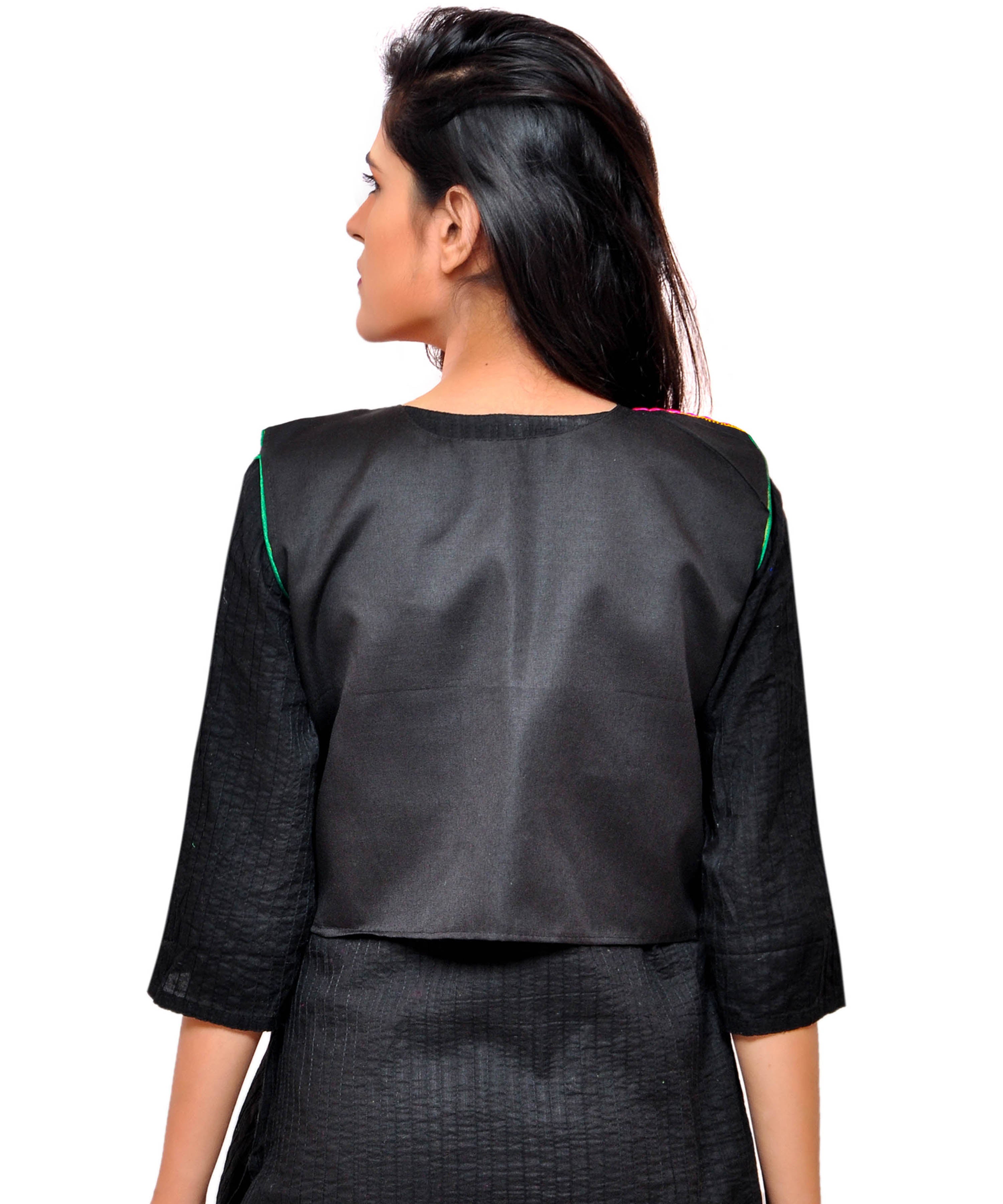 Banjara India Women's Cotton Blend Kutchi Embroidered Sleeveless Short Jacket/Koti/Shrug (Tanatan) - SSP-TAN01 - Banjara India