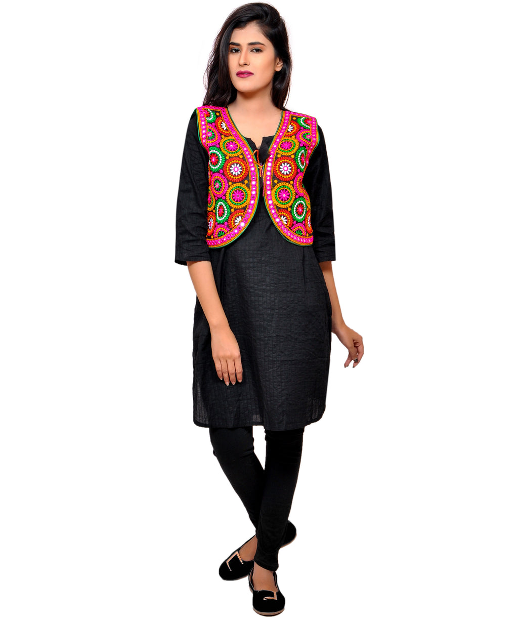 Banjara India Women's Cotton Blend Kutchi Embroidered Sleeveless Short Jacket/Koti/Shrug (Tanatan) - SSP-TAN01 - Banjara India