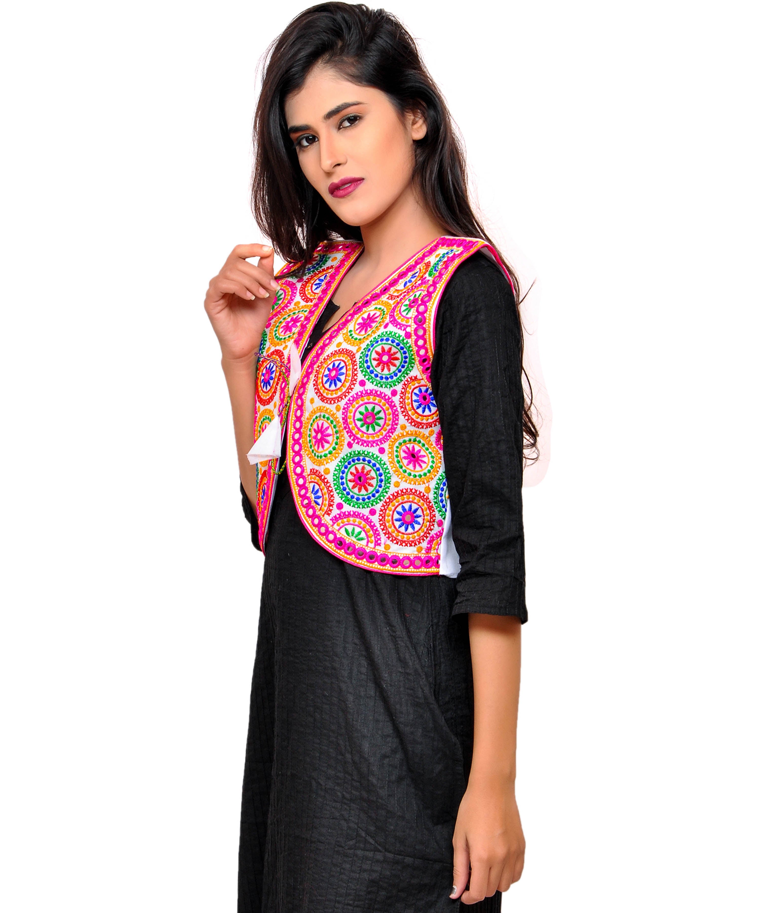 Banjara India Women's Cotton Blend Kutchi Embroidered Sleeveless Short Jacket/Koti/Shrug (Tanatan) - SSP-TAN02 - Banjara India