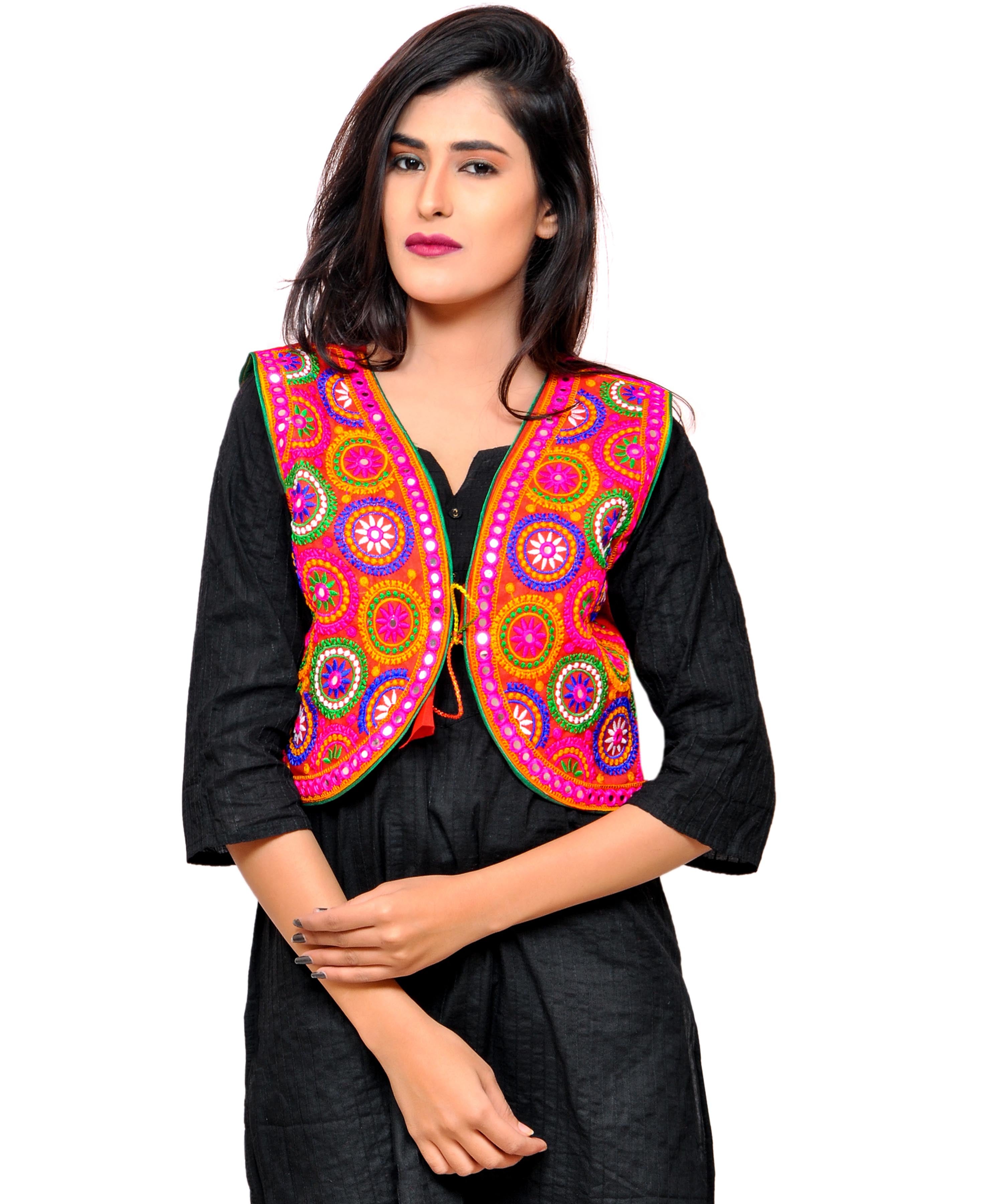 Banjara India Women's Cotton Blend Kutchi Embroidered Sleeveless Short Jacket/Koti/Shrug (Tanatan) - SSP-TAN03 - Banjara India