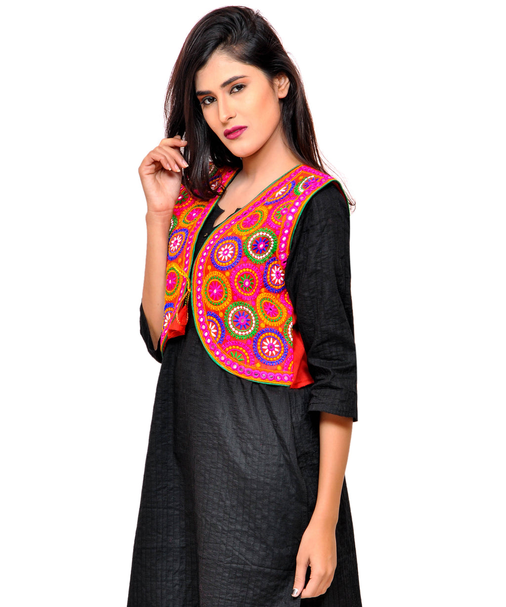 Banjara India Women's Cotton Blend Kutchi Embroidered Sleeveless Short Jacket/Koti/Shrug (Tanatan) - SSP-TAN03 - Banjara India