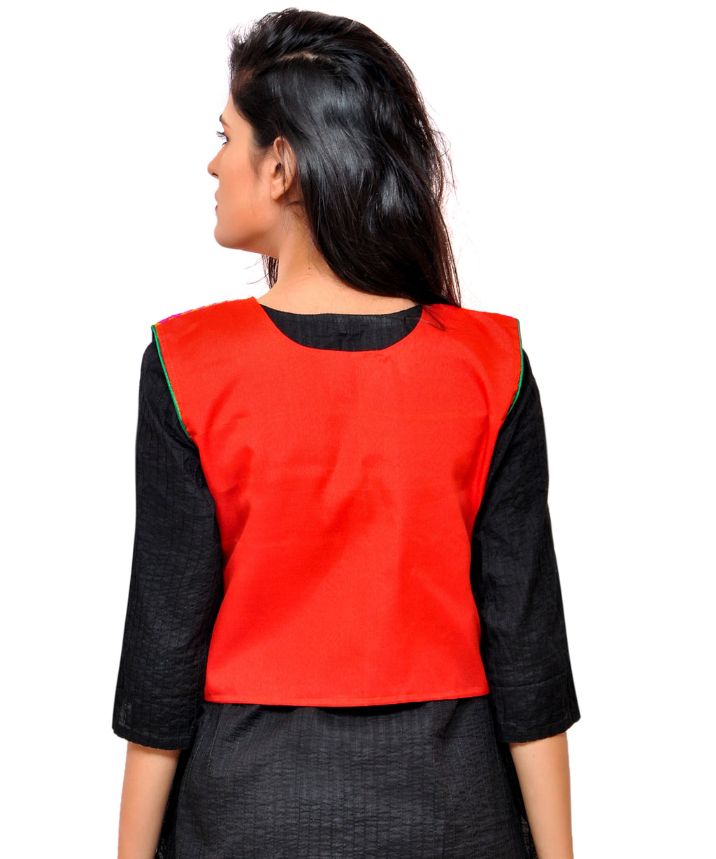 Banjara India Women's Cotton Blend Kutchi Embroidered Sleeveless Short Jacket/Koti/Shrug (Tanatan) - SSP-TAN03 - Banjara India