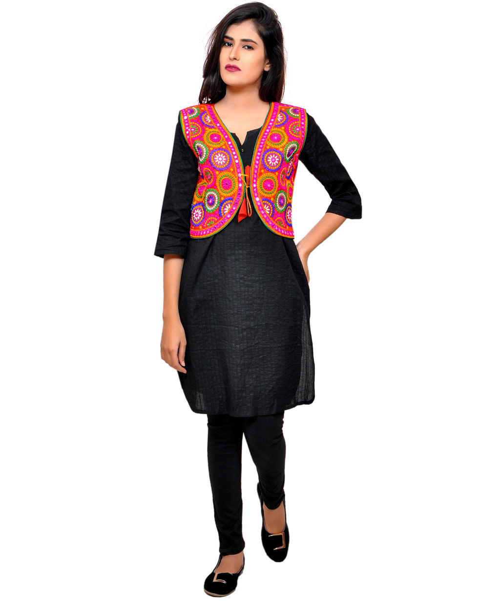 Banjara India Women's Cotton Blend Kutchi Embroidered Sleeveless Short Jacket/Koti/Shrug (Tanatan) - SSP-TAN03 - Banjara India