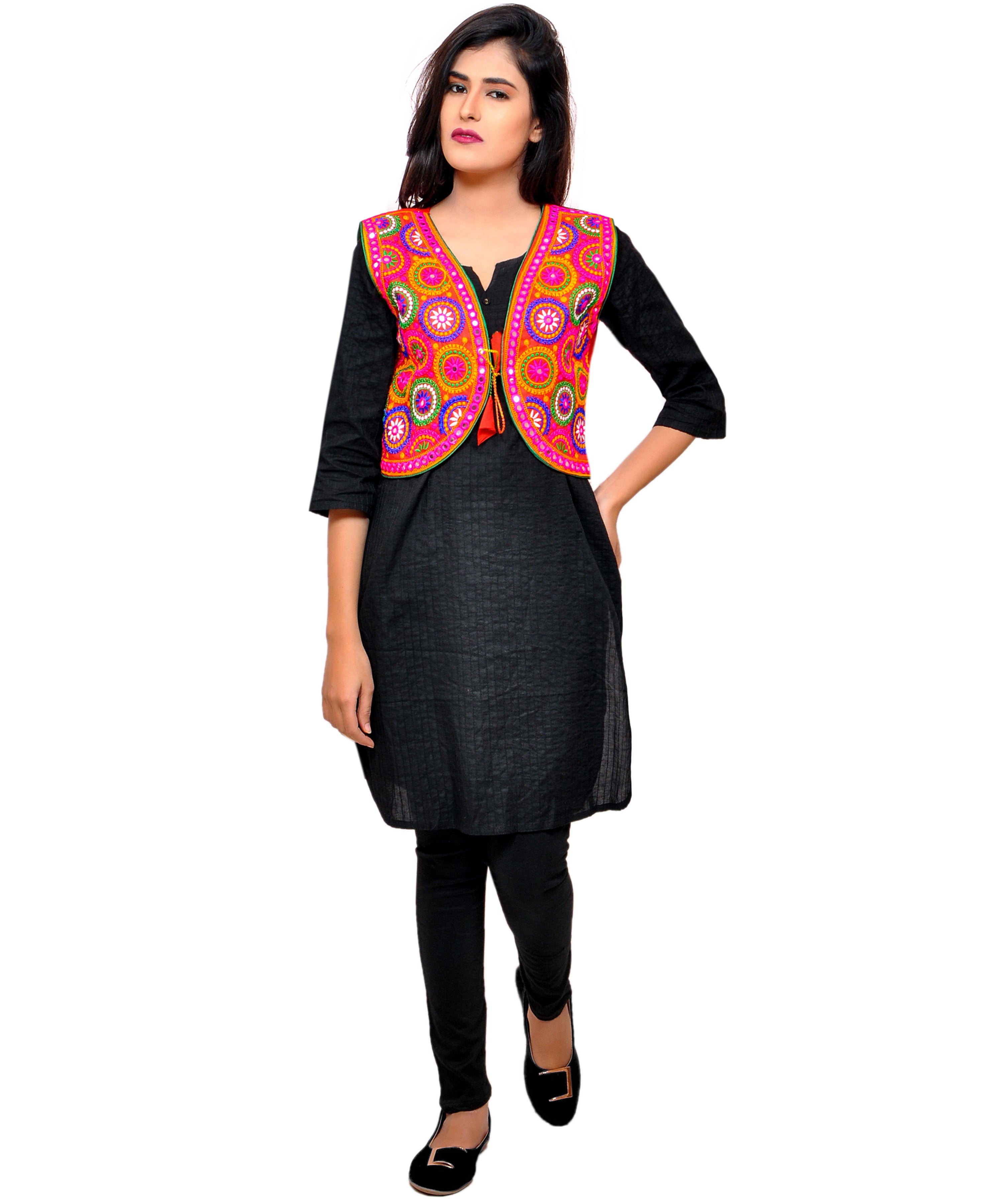 Banjara India Women's Cotton Blend Kutchi Embroidered Sleeveless Short Jacket/Koti/Shrug (Tanatan) - SSP-TAN03 - Banjara India