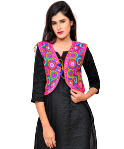 Banjara India Women's Cotton Blend Kutchi Embroidered Sleeveless Short Jacket/Koti/Shrug (Tanatan) - SSP-TAN04 - Banjara India