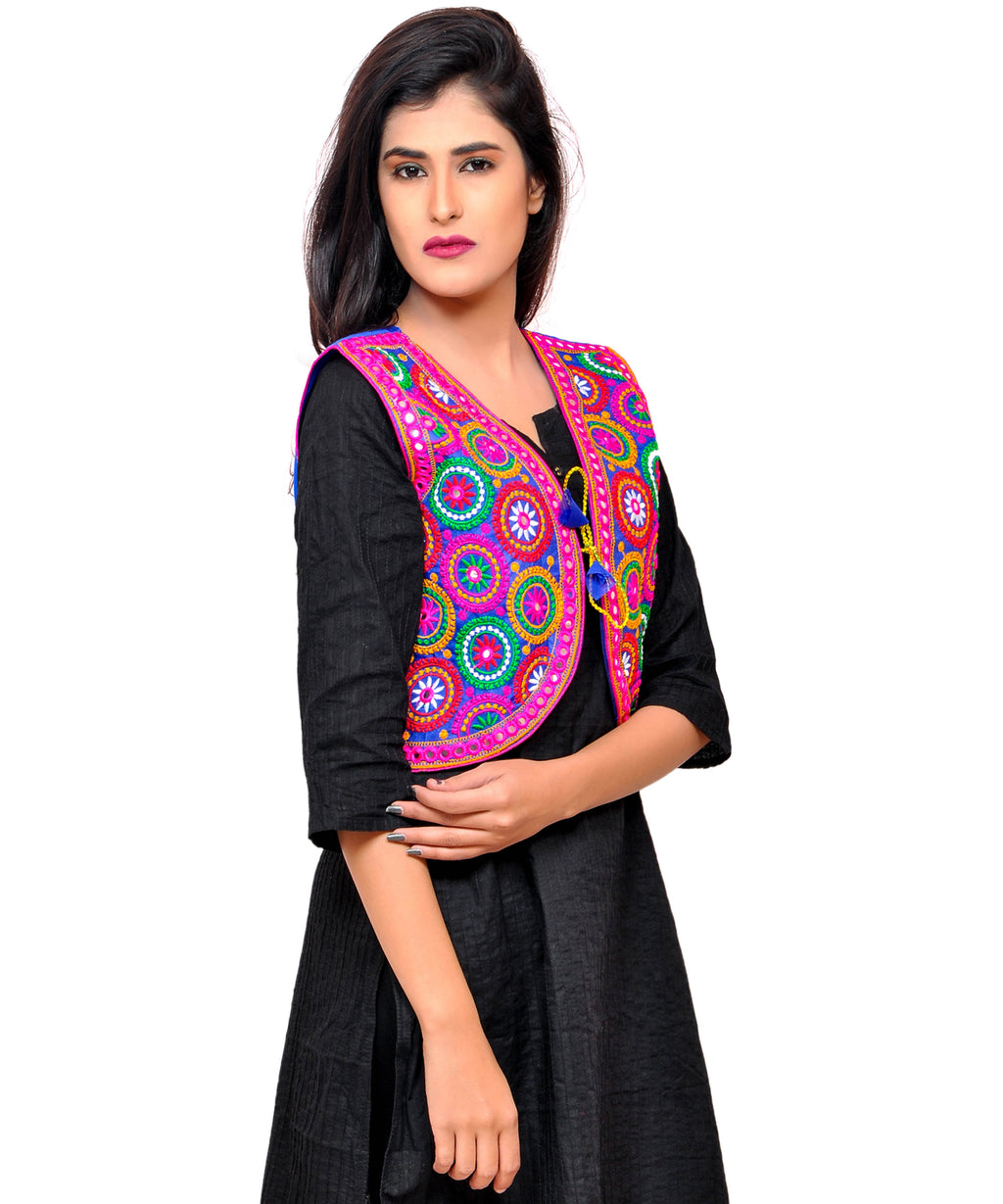 Banjara India Women's Cotton Blend Kutchi Embroidered Sleeveless Short Jacket/Koti/Shrug (Tanatan) - SSP-TAN04 - Banjara India