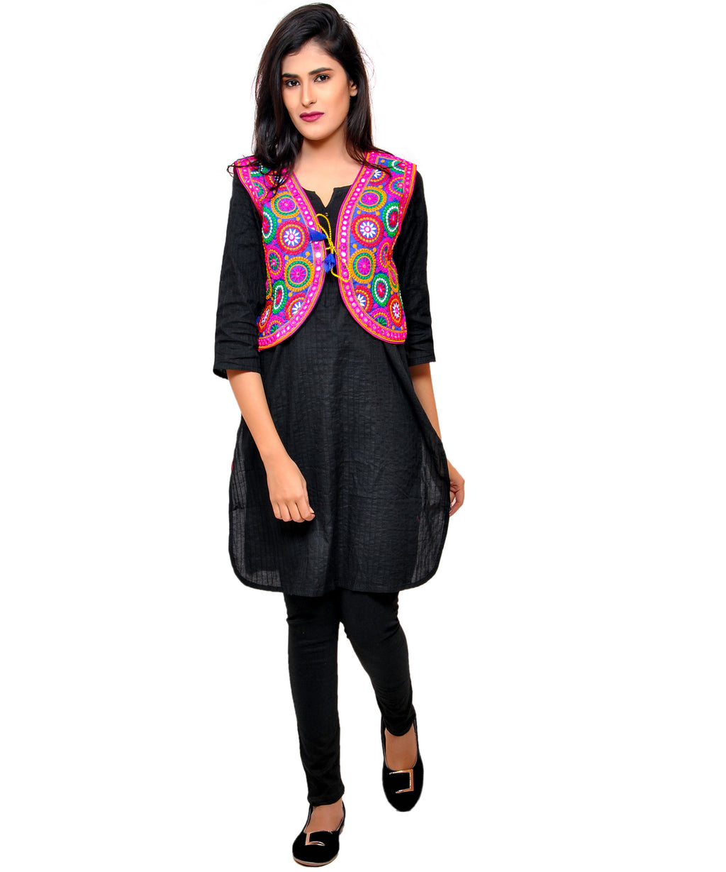 Banjara India Women's Cotton Blend Kutchi Embroidered Sleeveless Short Jacket/Koti/Shrug (Tanatan) - SSP-TAN04 - Banjara India