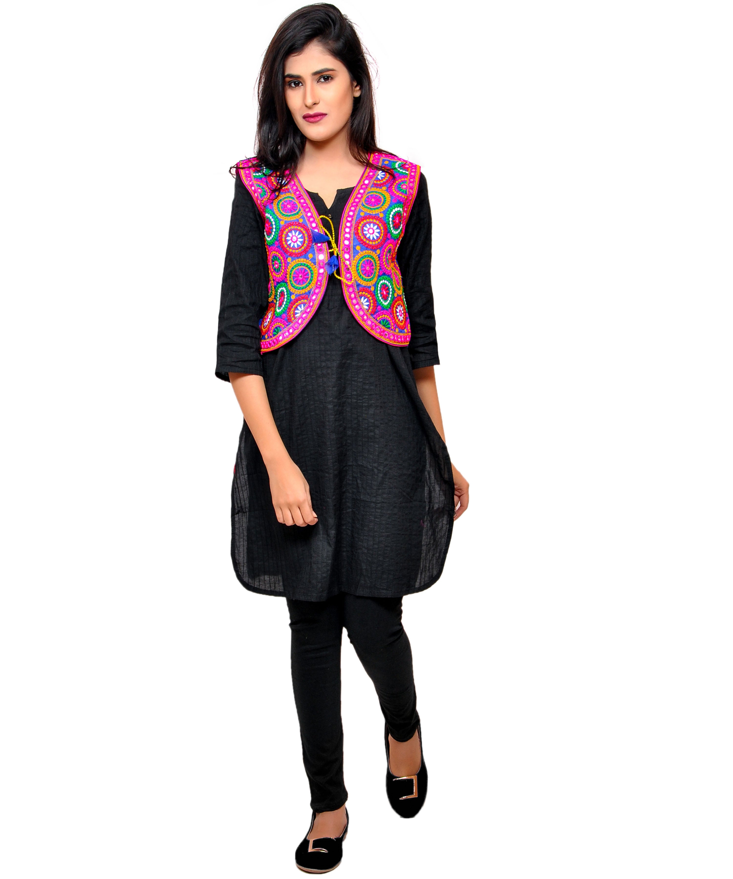 Banjara India Women's Cotton Blend Kutchi Embroidered Sleeveless Short Jacket/Koti/Shrug (Tanatan) - SSP-TAN04 - Banjara India