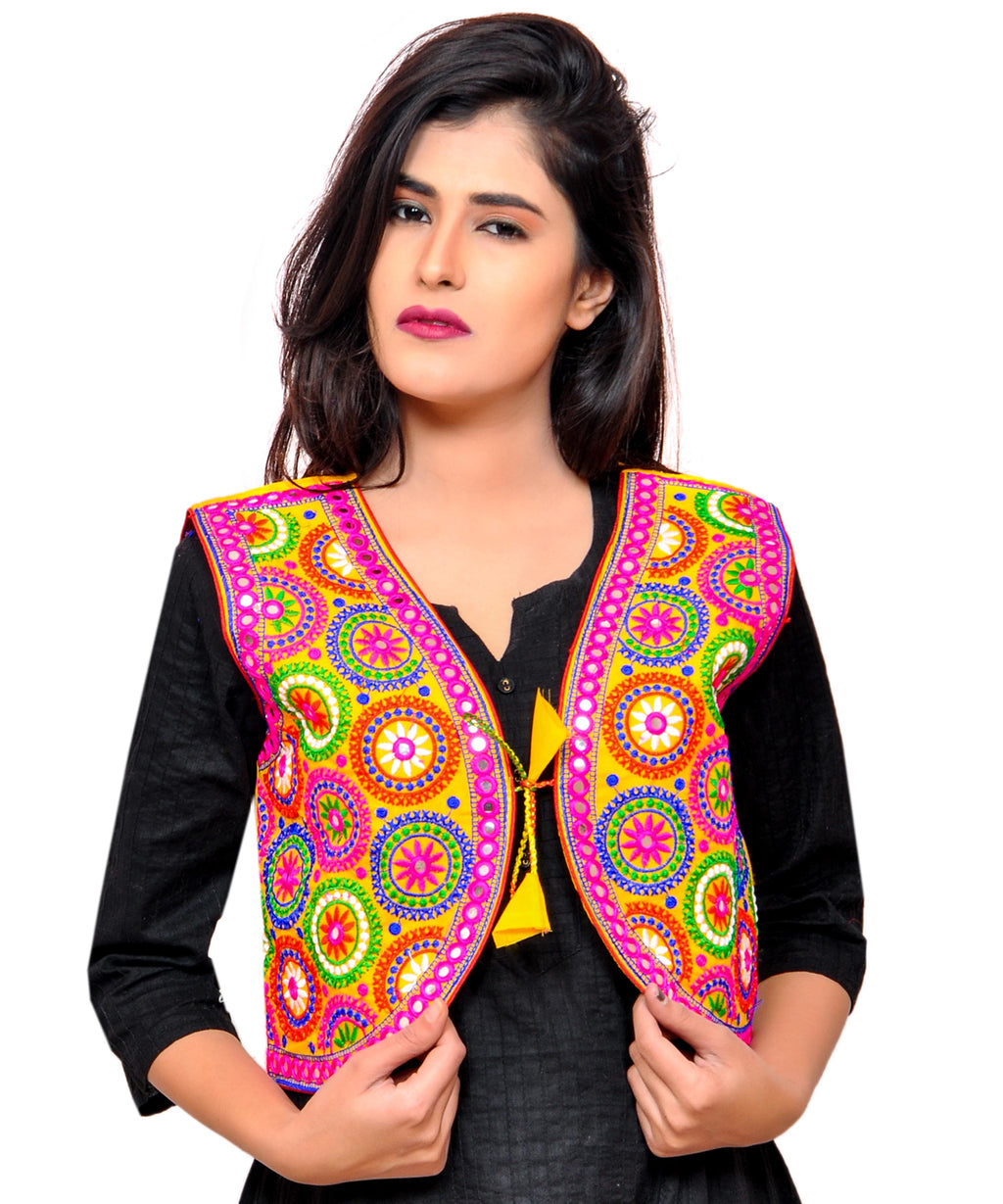 Banjara India Women's Cotton Blend Kutchi Embroidered Sleeveless Short Jacket/Koti/Shrug (Tanatan) - SSP-TAN05 - Banjara India