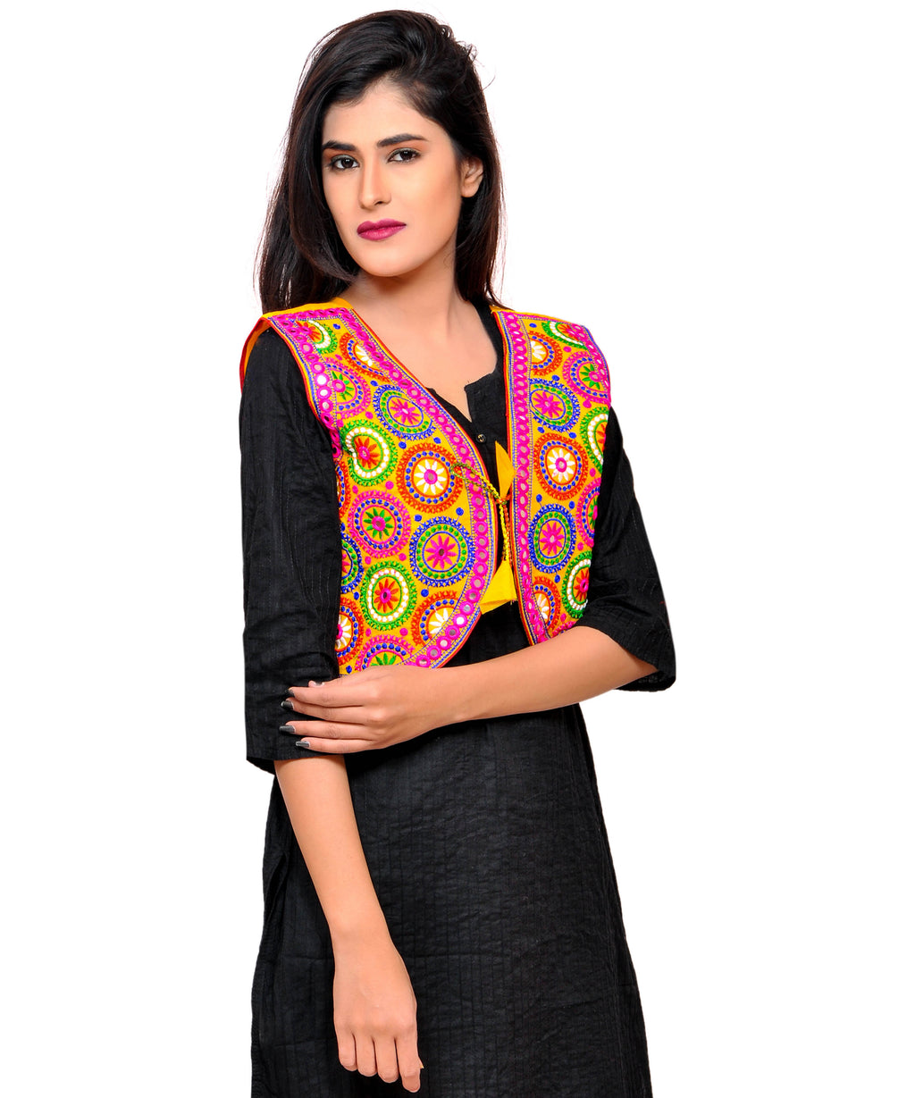 Banjara India Women's Cotton Blend Kutchi Embroidered Sleeveless Short Jacket/Koti/Shrug (Tanatan) - SSP-TAN05 - Banjara India