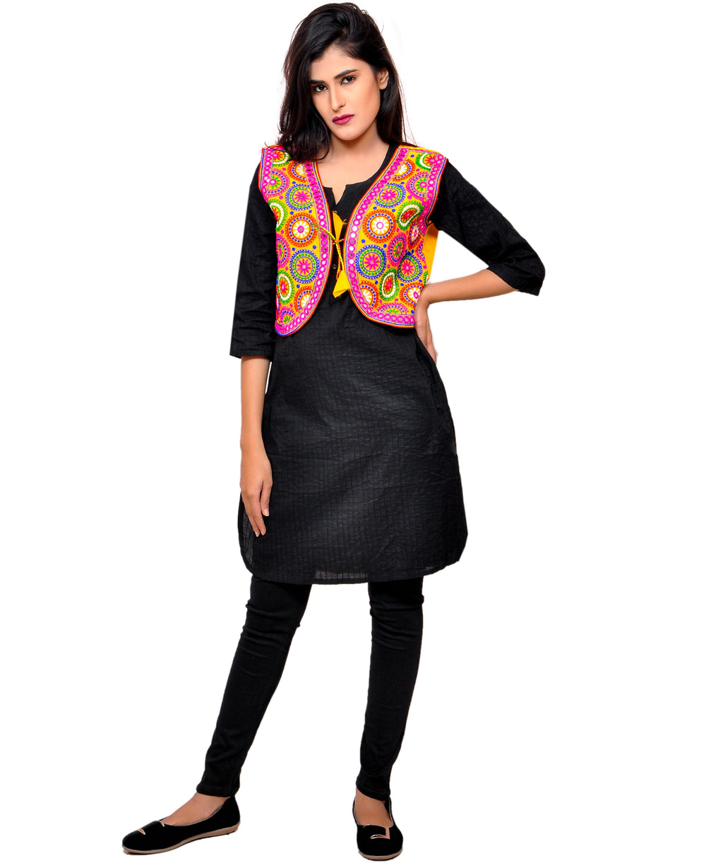 Banjara India Women's Cotton Blend Kutchi Embroidered Sleeveless Short Jacket/Koti/Shrug (Tanatan) - SSP-TAN05 - Banjara India