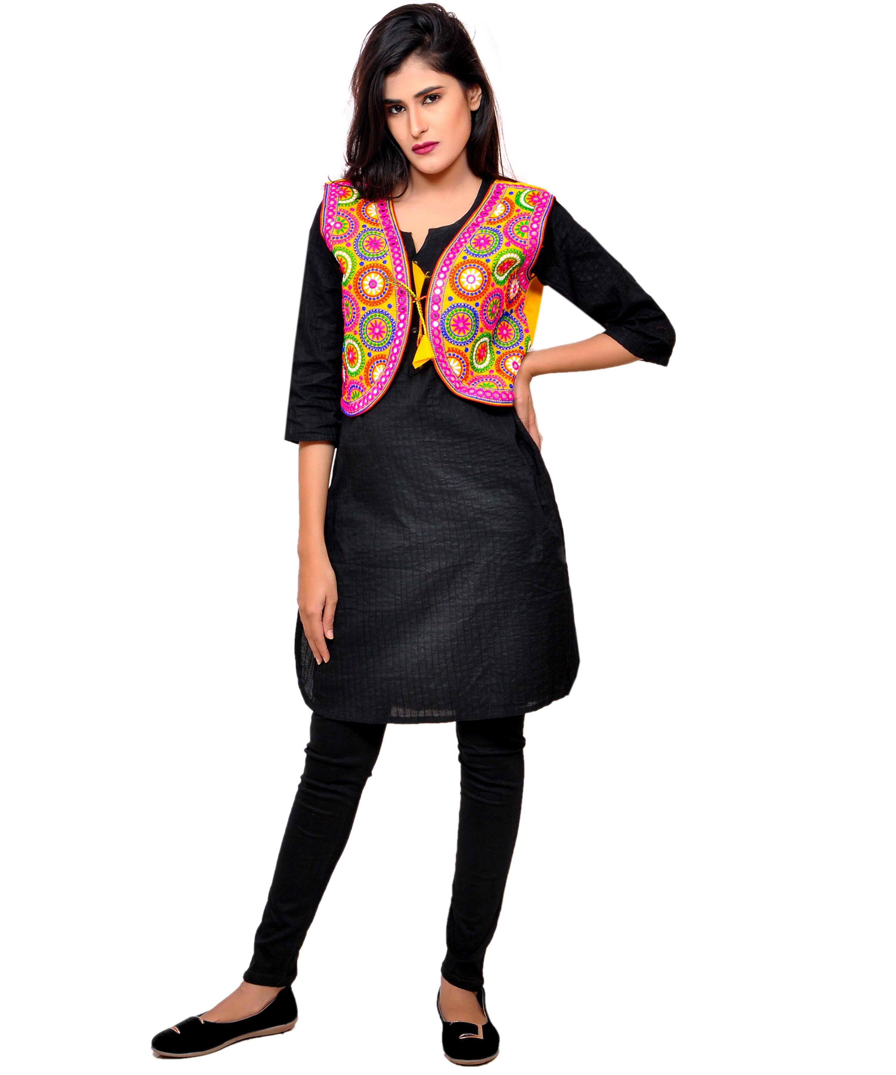 Banjara India Women's Cotton Blend Kutchi Embroidered Sleeveless Short Jacket/Koti/Shrug (Tanatan) - SSP-TAN05 - Banjara India
