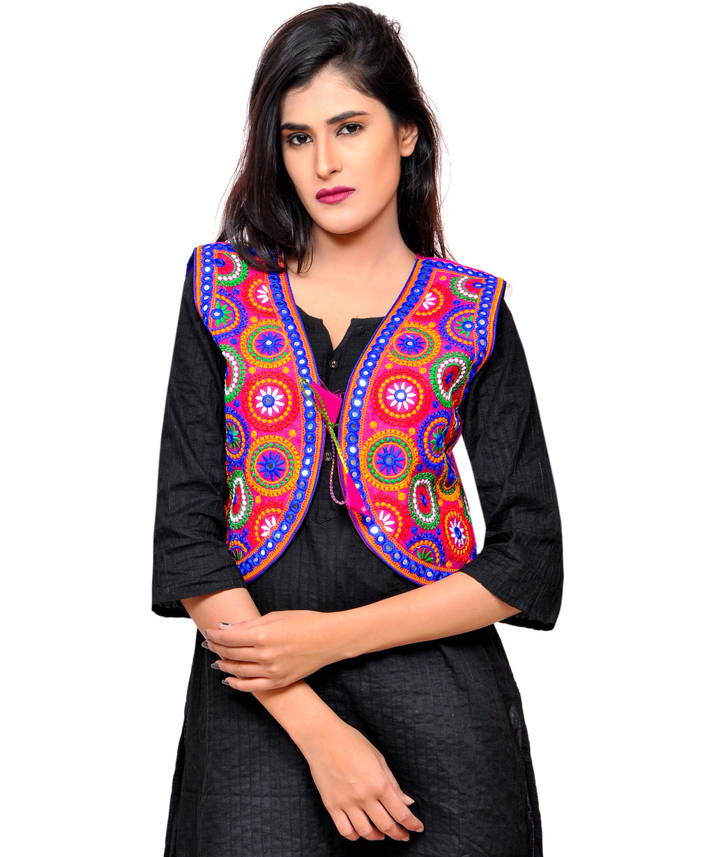 Banjara India Women's Cotton Blend Kutchi Embroidered Sleeveless Short Jacket/Koti/Shrug (Tanatan) - SSP-TAN06 - Banjara India