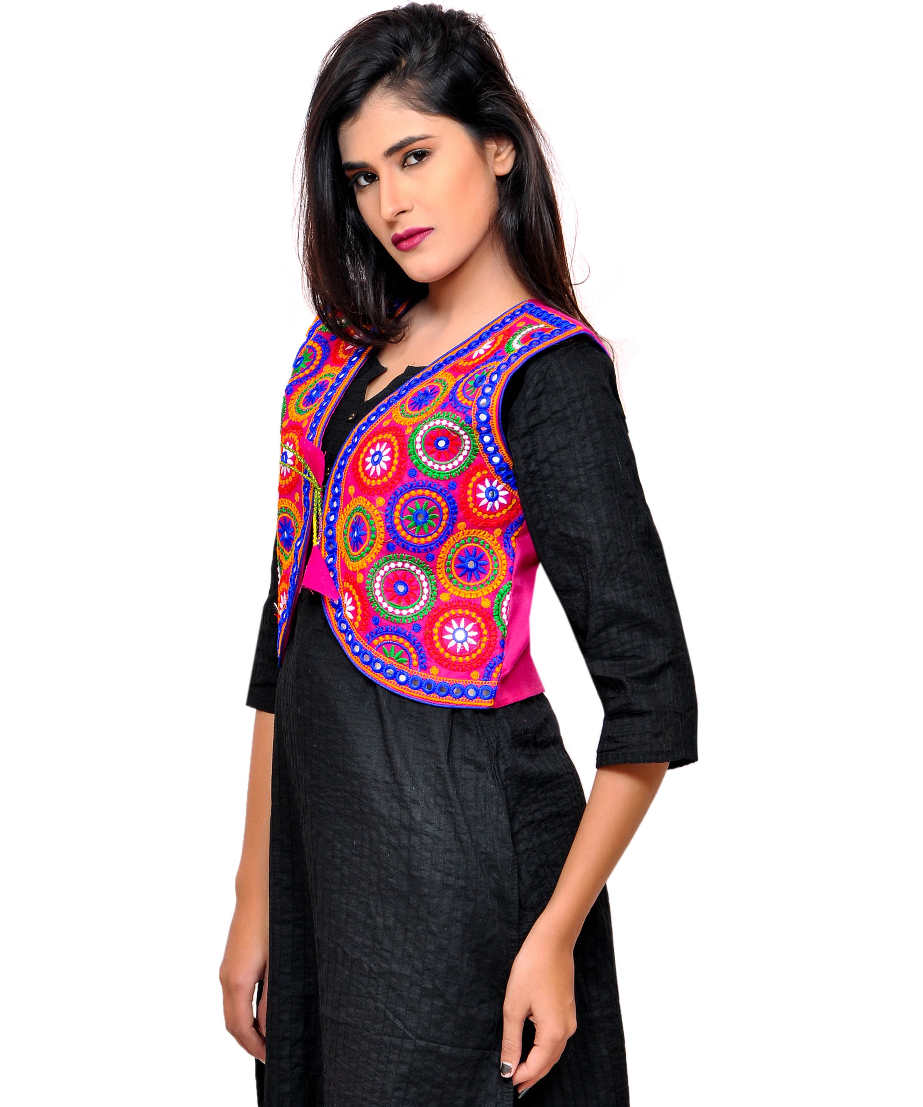 Banjara India Women's Cotton Blend Kutchi Embroidered Sleeveless Short Jacket/Koti/Shrug (Tanatan) - SSP-TAN06 - Banjara India