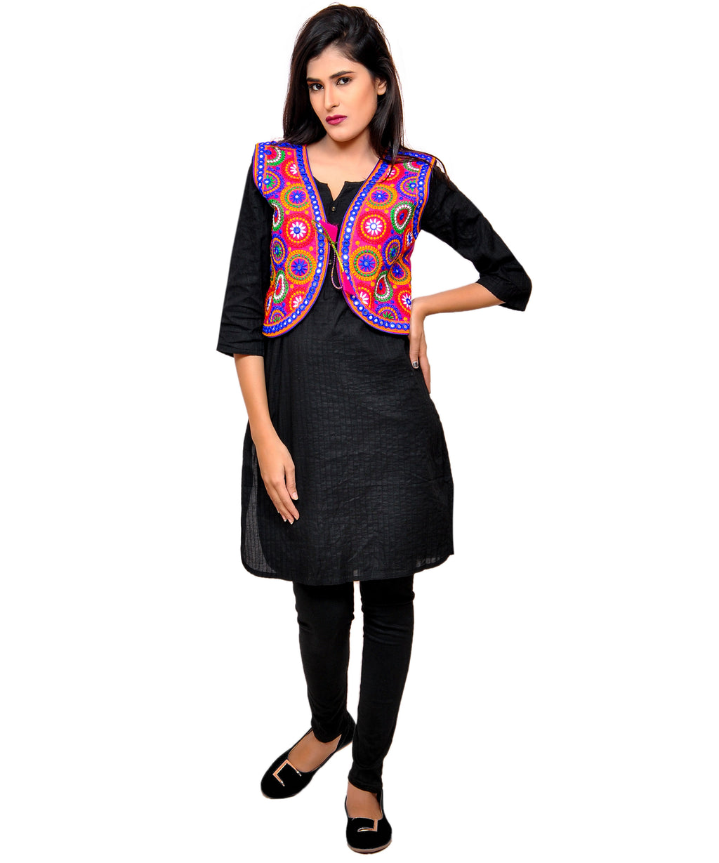 Banjara India Women's Cotton Blend Kutchi Embroidered Sleeveless Short Jacket/Koti/Shrug (Tanatan) - SSP-TAN06 - Banjara India