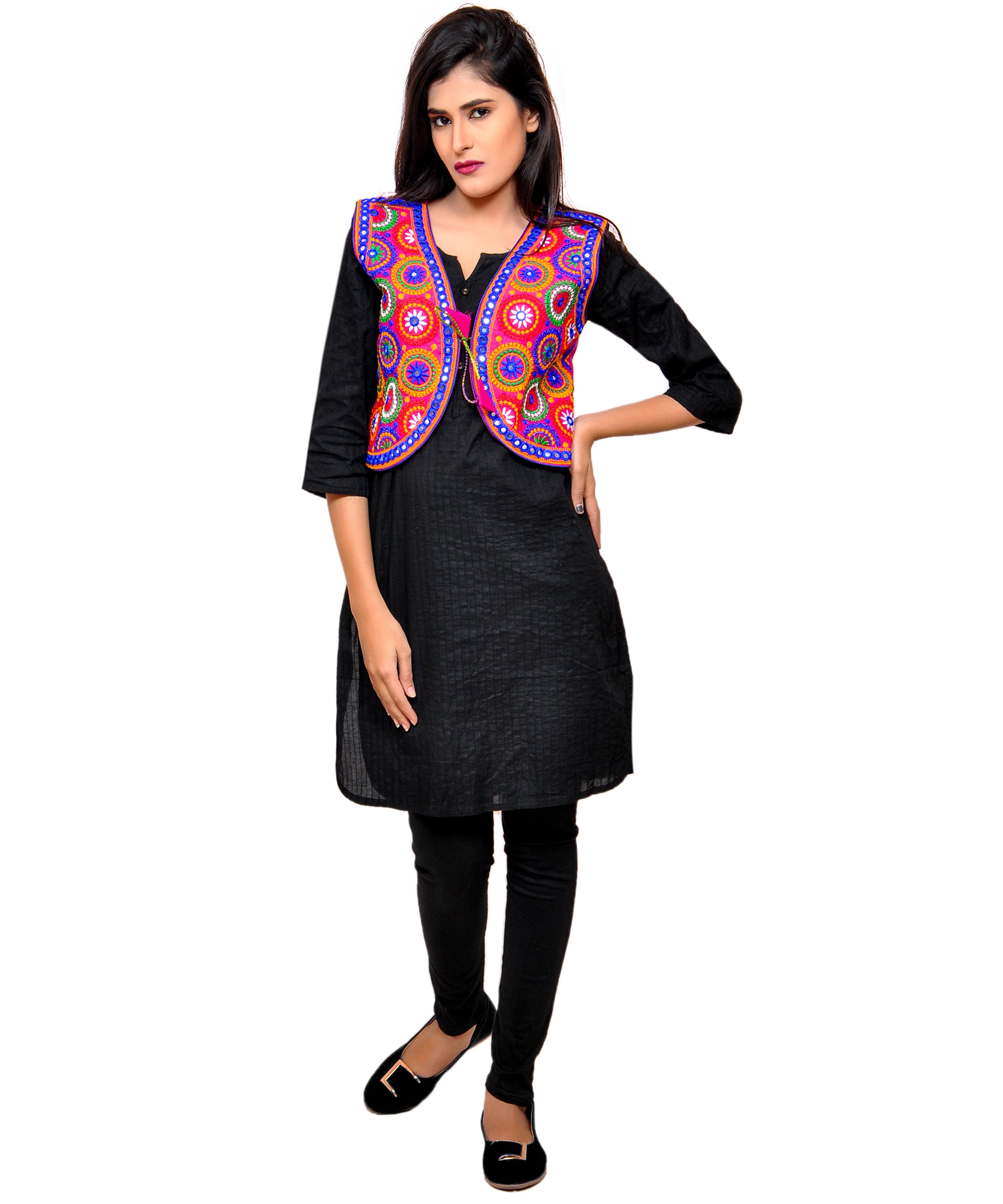 Banjara India Women's Cotton Blend Kutchi Embroidered Sleeveless Short Jacket/Koti/Shrug (Tanatan) - SSP-TAN06 - Banjara India