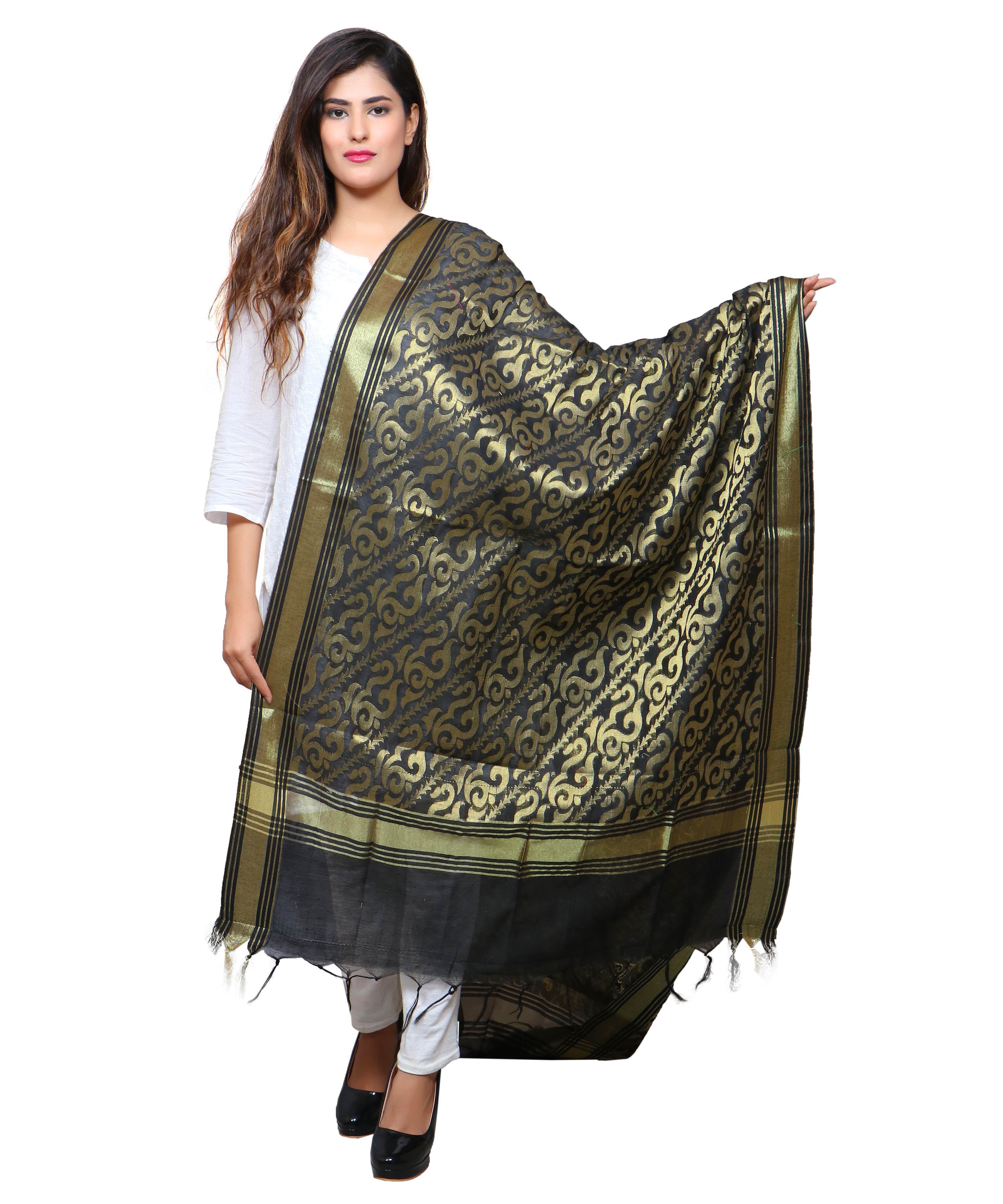 Banarasi Kora Silk Sunny Butti Dupatta- Black