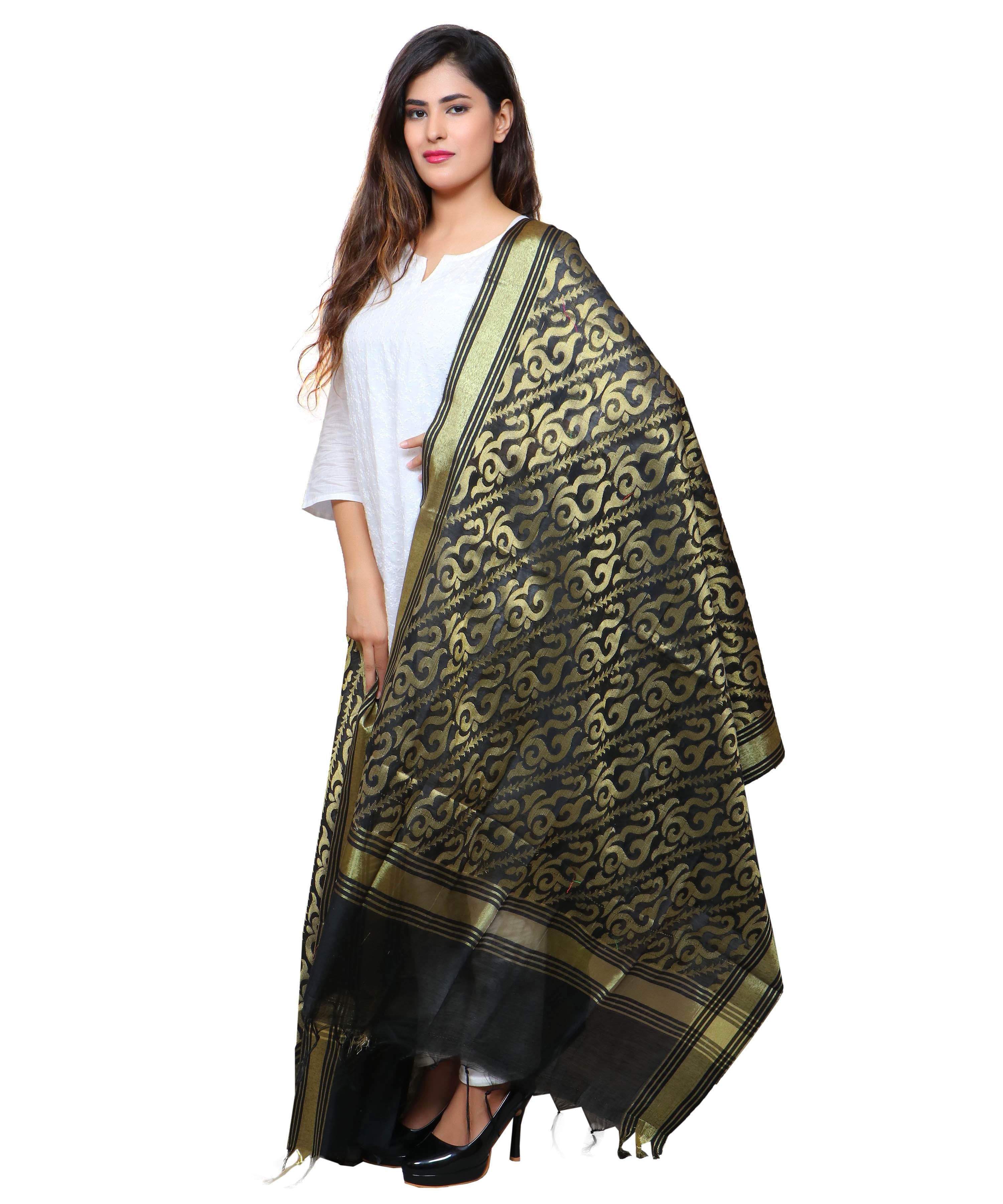 Banarasi Kora Silk Sunny Butti Dupatta- Black