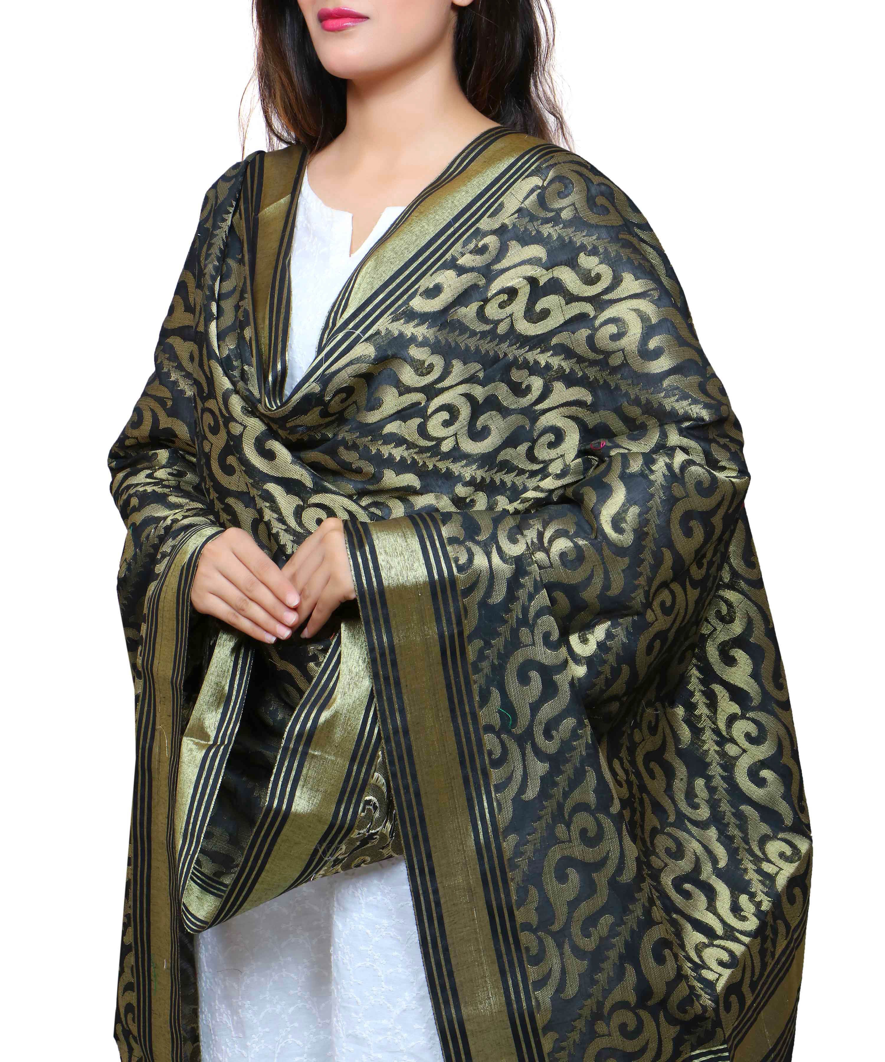 Banarasi Kora Silk Sunny Butti Dupatta- Black