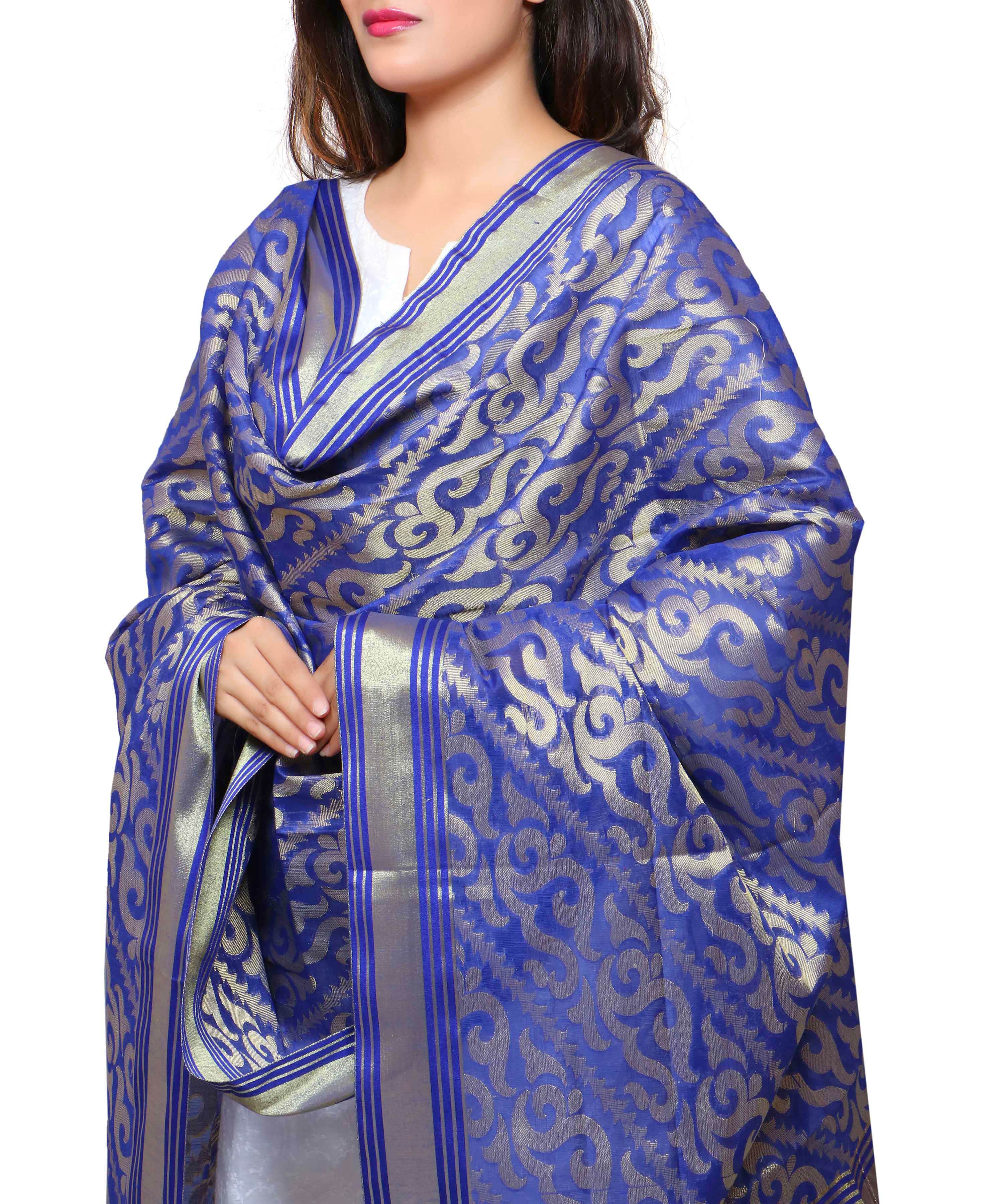 Banarasi Kora Silk Sunny Butti Dupatta- Blue