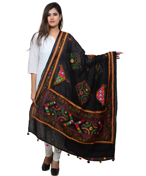Banjara India Women's Pure Cotton Real Mirrorwork & Hand Embroidery Dupatta (Kutchi Trikon) Black - TKN01 - Banjara India