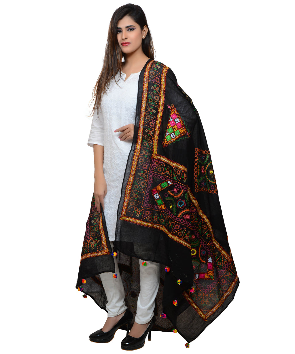 Banjara India Women's Pure Cotton Real Mirrorwork & Hand Embroidery Dupatta (Kutchi Trikon) Black - TKN01 - Banjara India