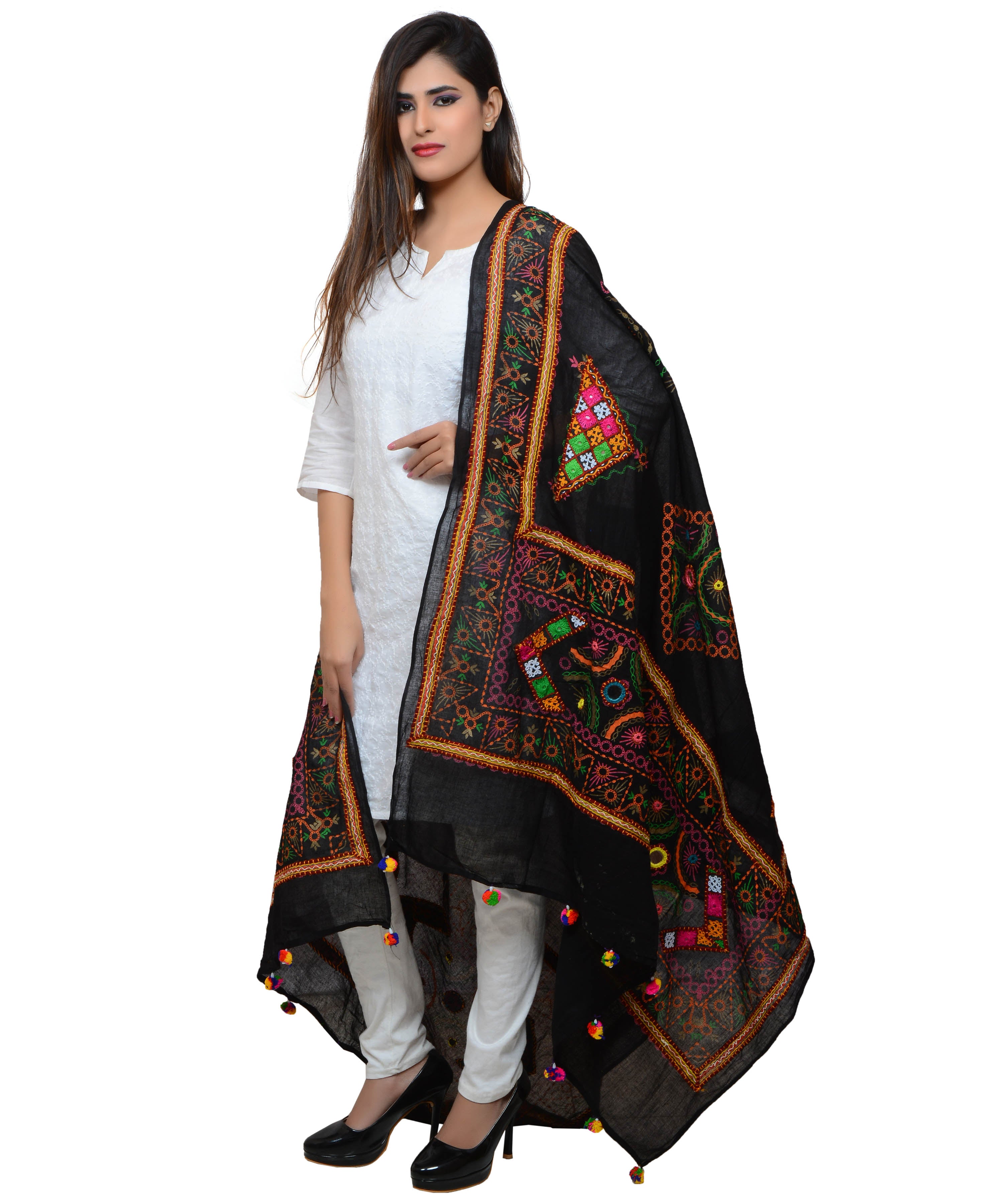 Banjara India Women's Pure Cotton Real Mirrorwork & Hand Embroidery Dupatta (Kutchi Trikon) Black - TKN01 - Banjara India