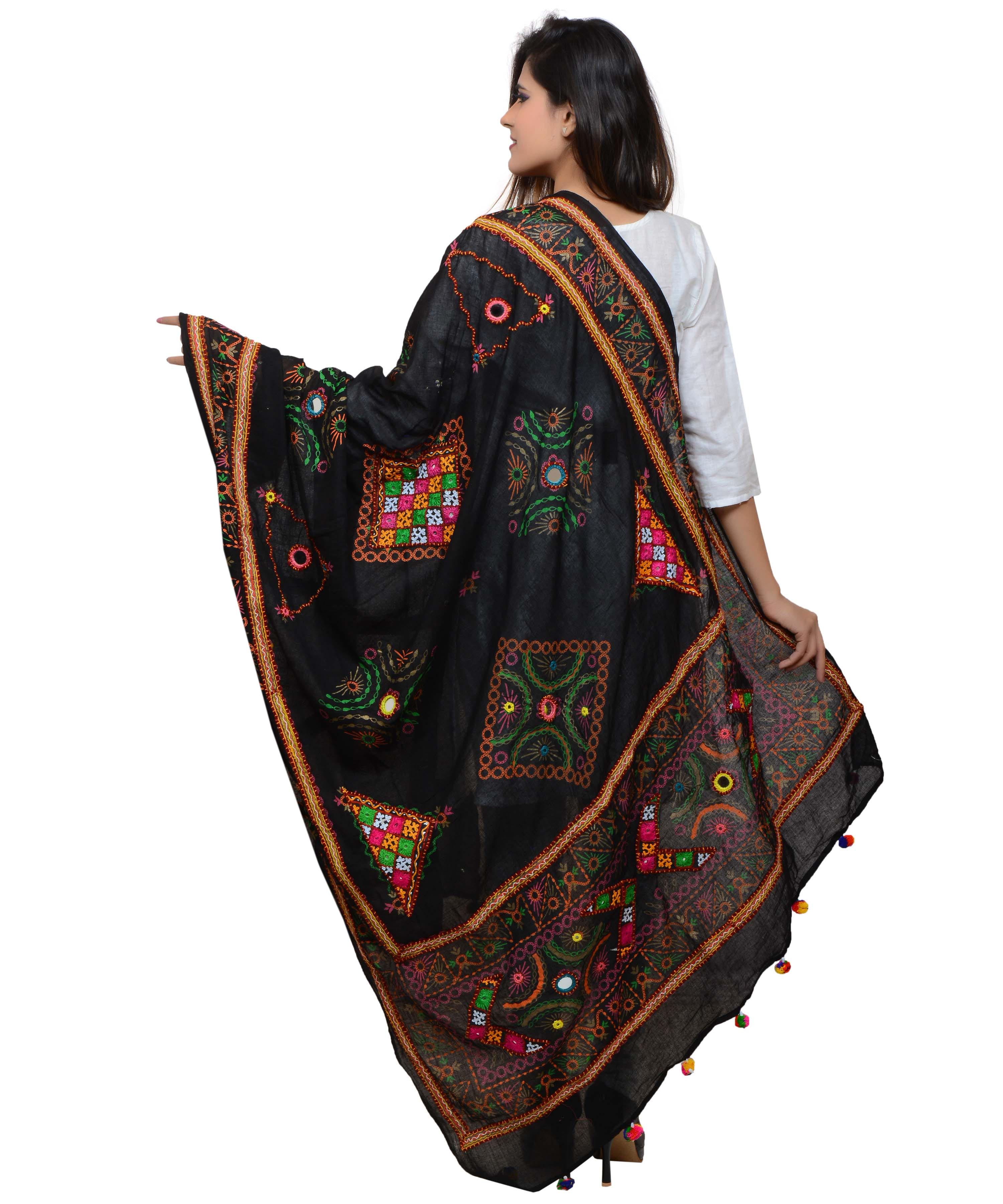 Banjara India Women's Pure Cotton Real Mirrorwork & Hand Embroidery Dupatta (Kutchi Trikon) Black - TKN01 - Banjara India