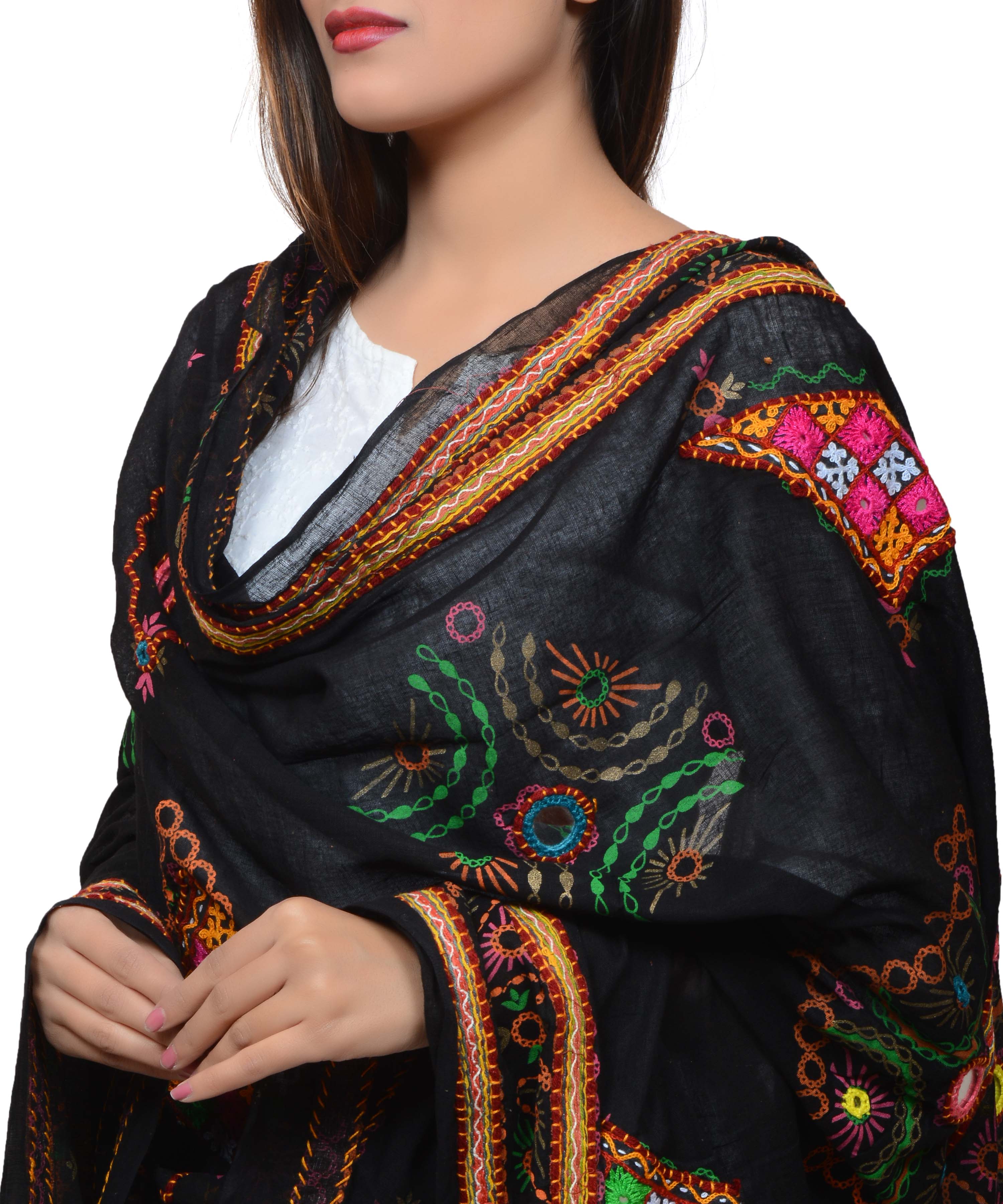 Banjara India Women's Pure Cotton Real Mirrorwork & Hand Embroidery Dupatta (Kutchi Trikon) Black - TKN01 - Banjara India