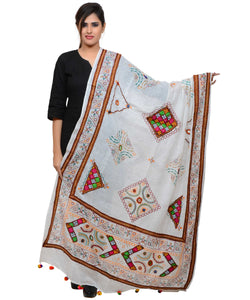 Banjara India Women's Pure Cotton Real Mirrorwork & Hand Embroidery Dupatta (Kutchi Trikon) White - TKN02 - Banjara India