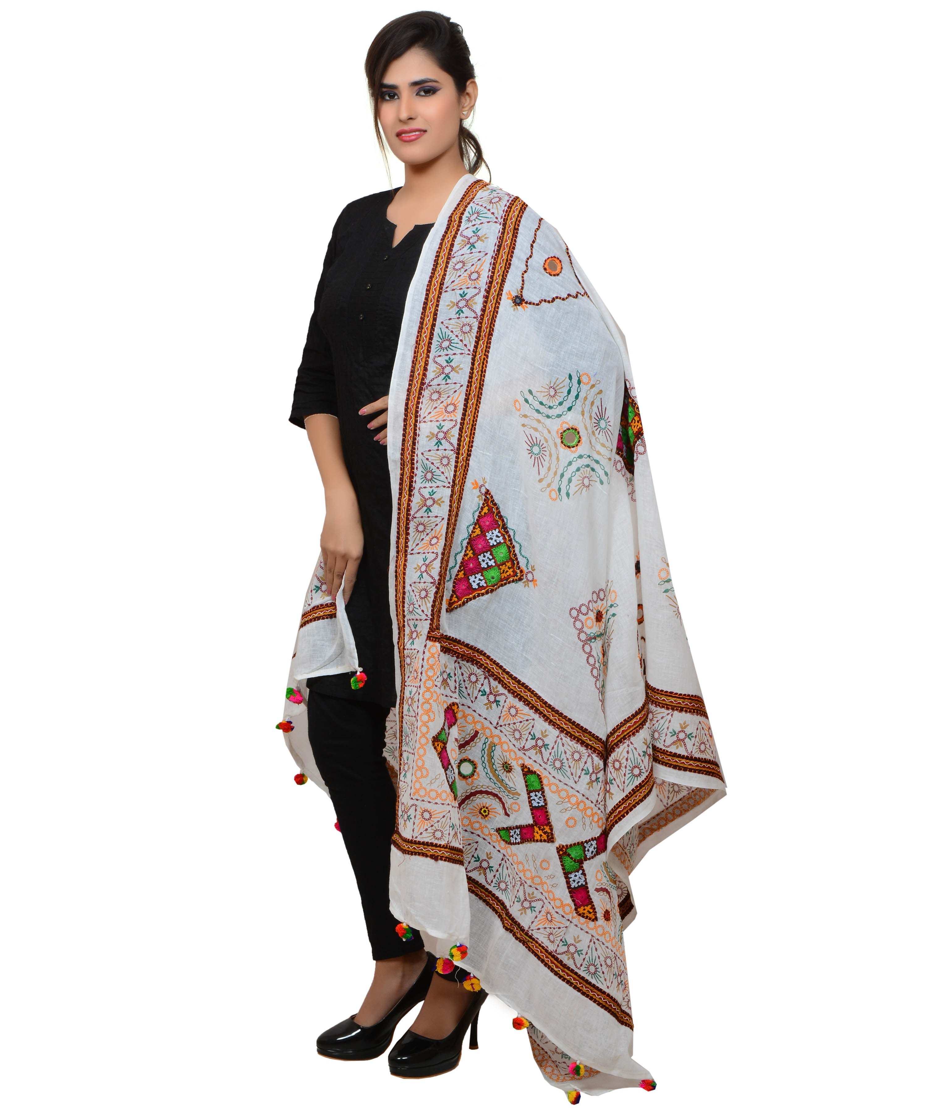 Banjara India Women's Pure Cotton Real Mirrorwork & Hand Embroidery Dupatta (Kutchi Trikon) White - TKN02 - Banjara India