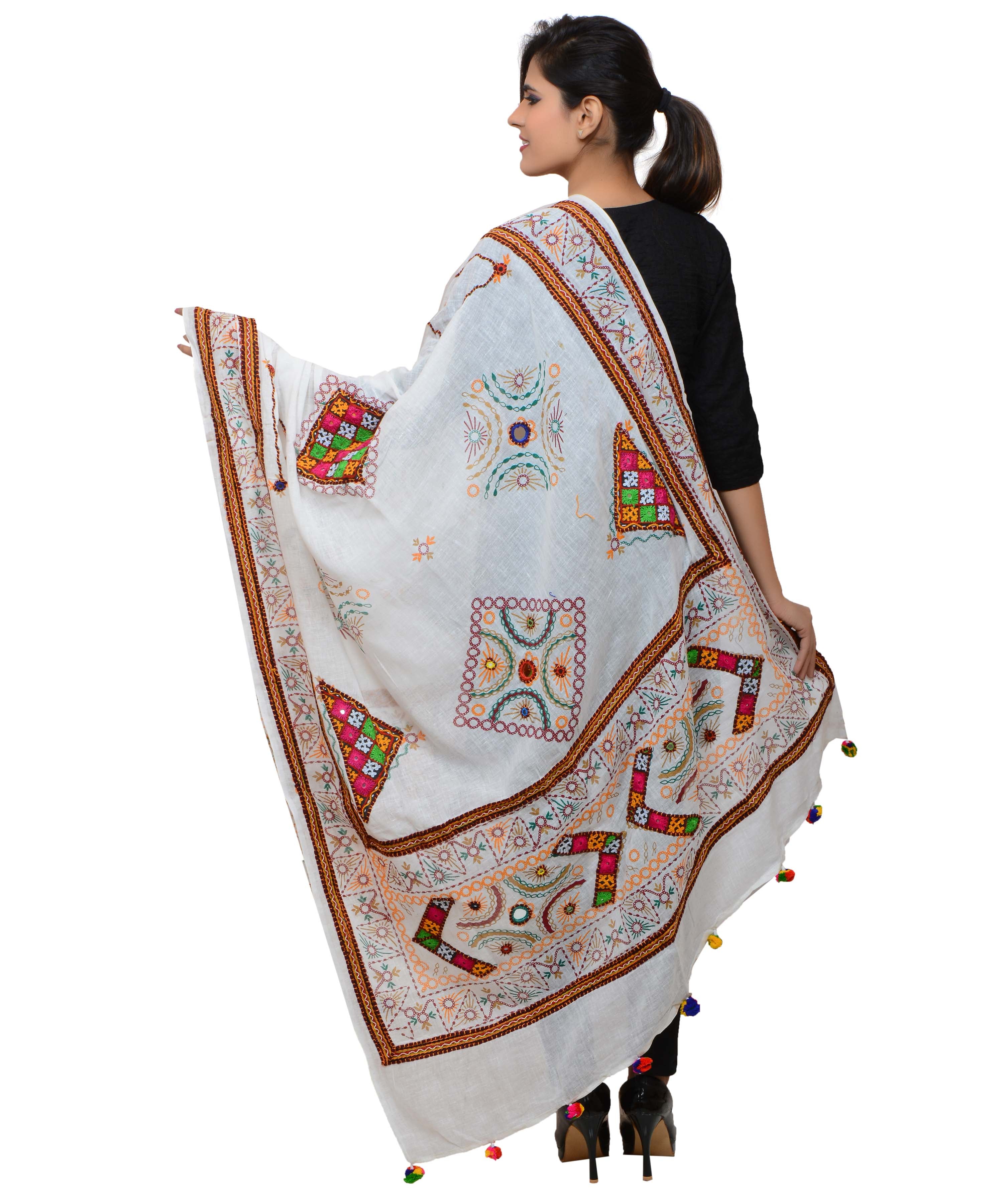 Banjara India Women's Pure Cotton Real Mirrorwork & Hand Embroidery Dupatta (Kutchi Trikon) White - TKN02 - Banjara India
