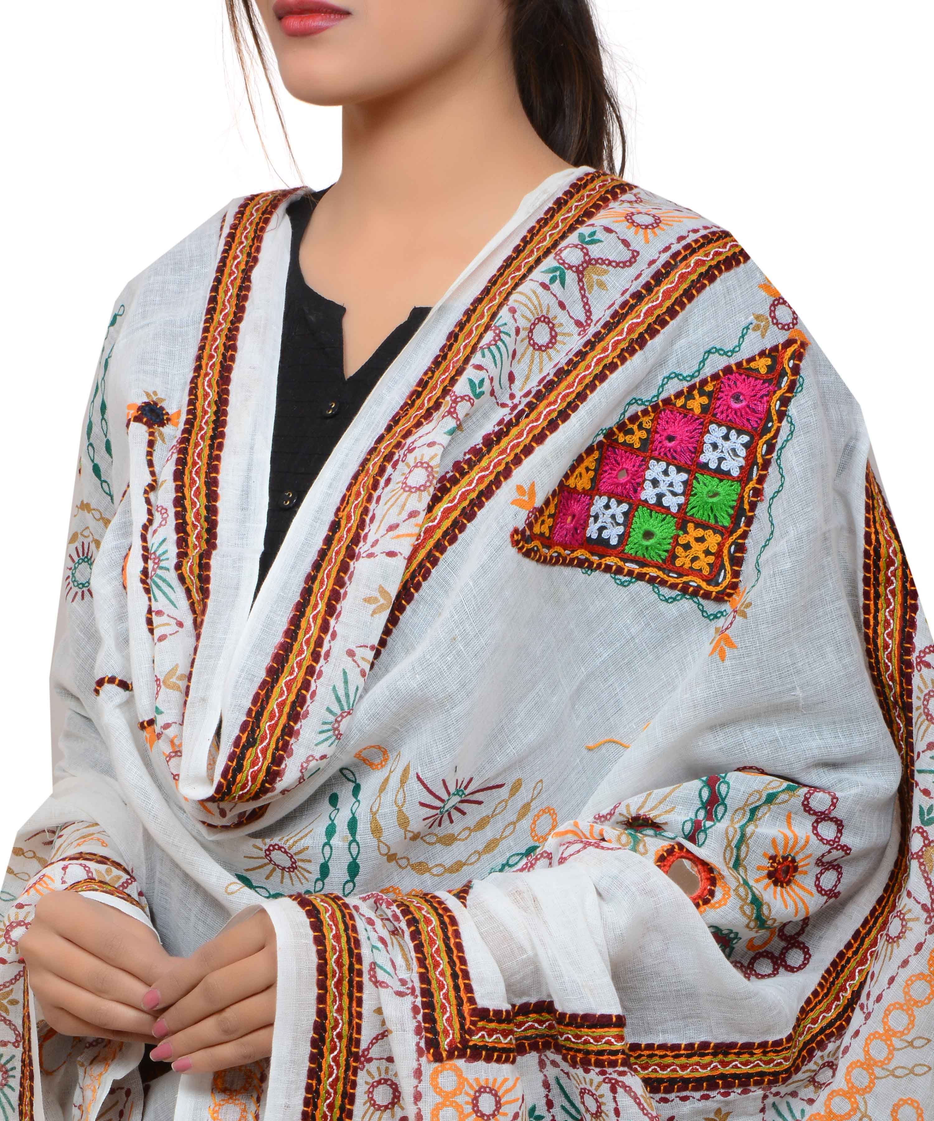 Banjara India Women's Pure Cotton Real Mirrorwork & Hand Embroidery Dupatta (Kutchi Trikon) White - TKN02 - Banjara India