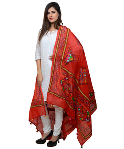 Banjara India Women's Pure Cotton Real Mirrorwork & Hand Embroidery Dupatta (Kutchi Trikon) Red - TKN03 - Banjara India