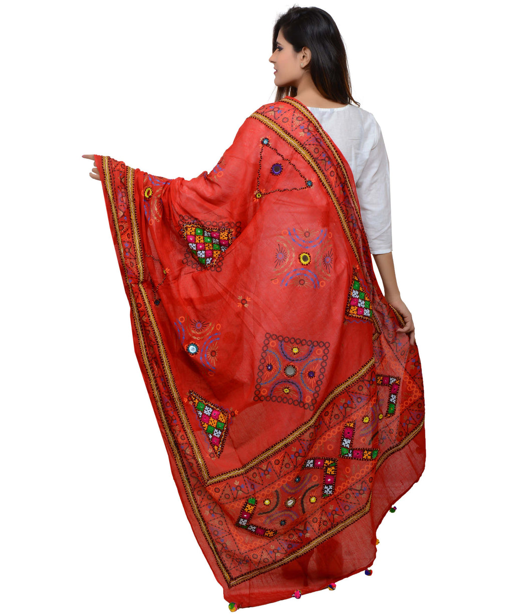 Banjara India Women's Pure Cotton Real Mirrorwork & Hand Embroidery Dupatta (Kutchi Trikon) Red - TKN03 - Banjara India