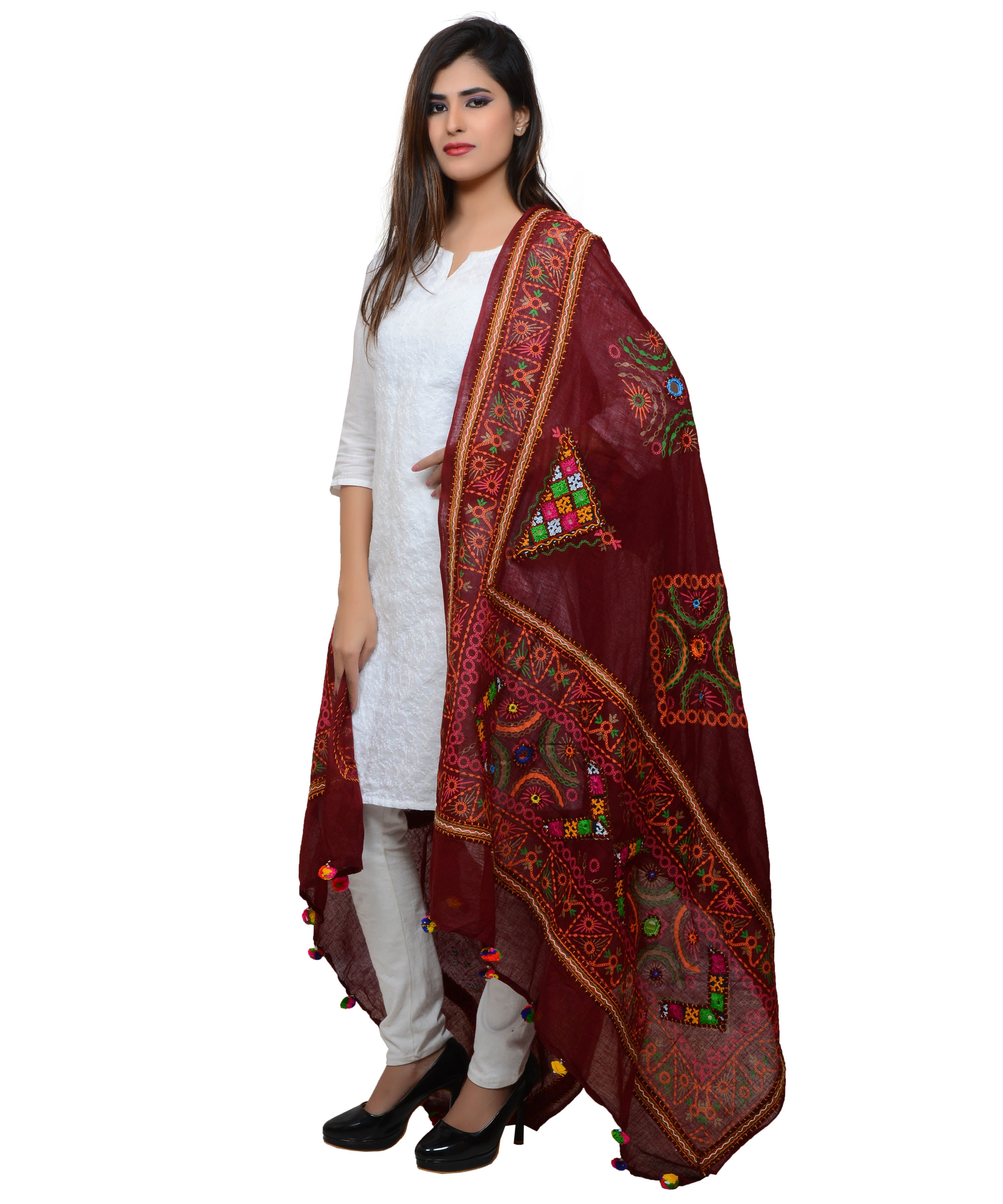 Banjara India Women's Pure Cotton Real Mirrorwork & Hand Embroidery Dupatta (Kutchi Trikon) Maroon - TKN04 - Banjara India