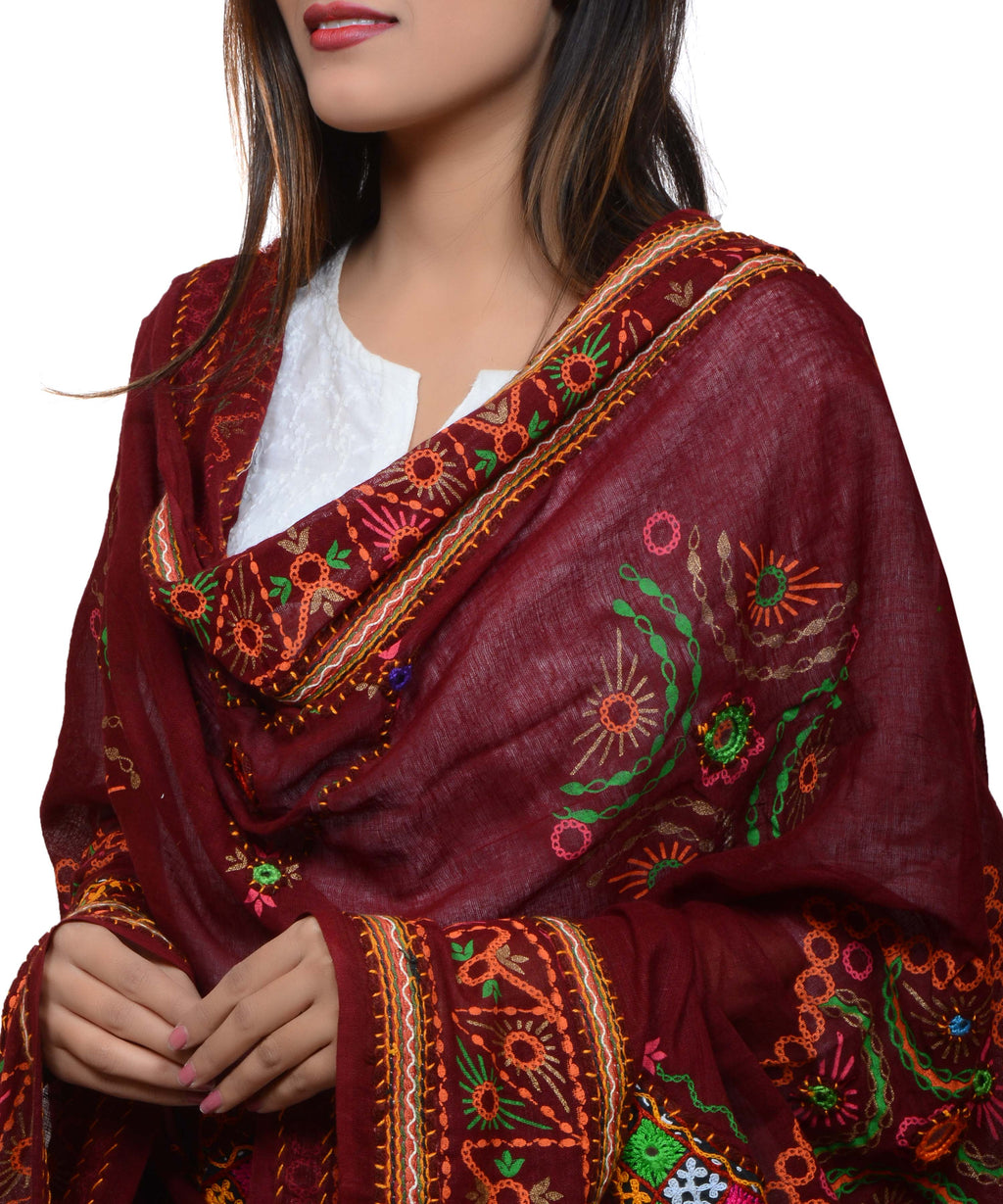 Banjara India Women's Pure Cotton Real Mirrorwork & Hand Embroidery Dupatta (Kutchi Trikon) Maroon - TKN04 - Banjara India
