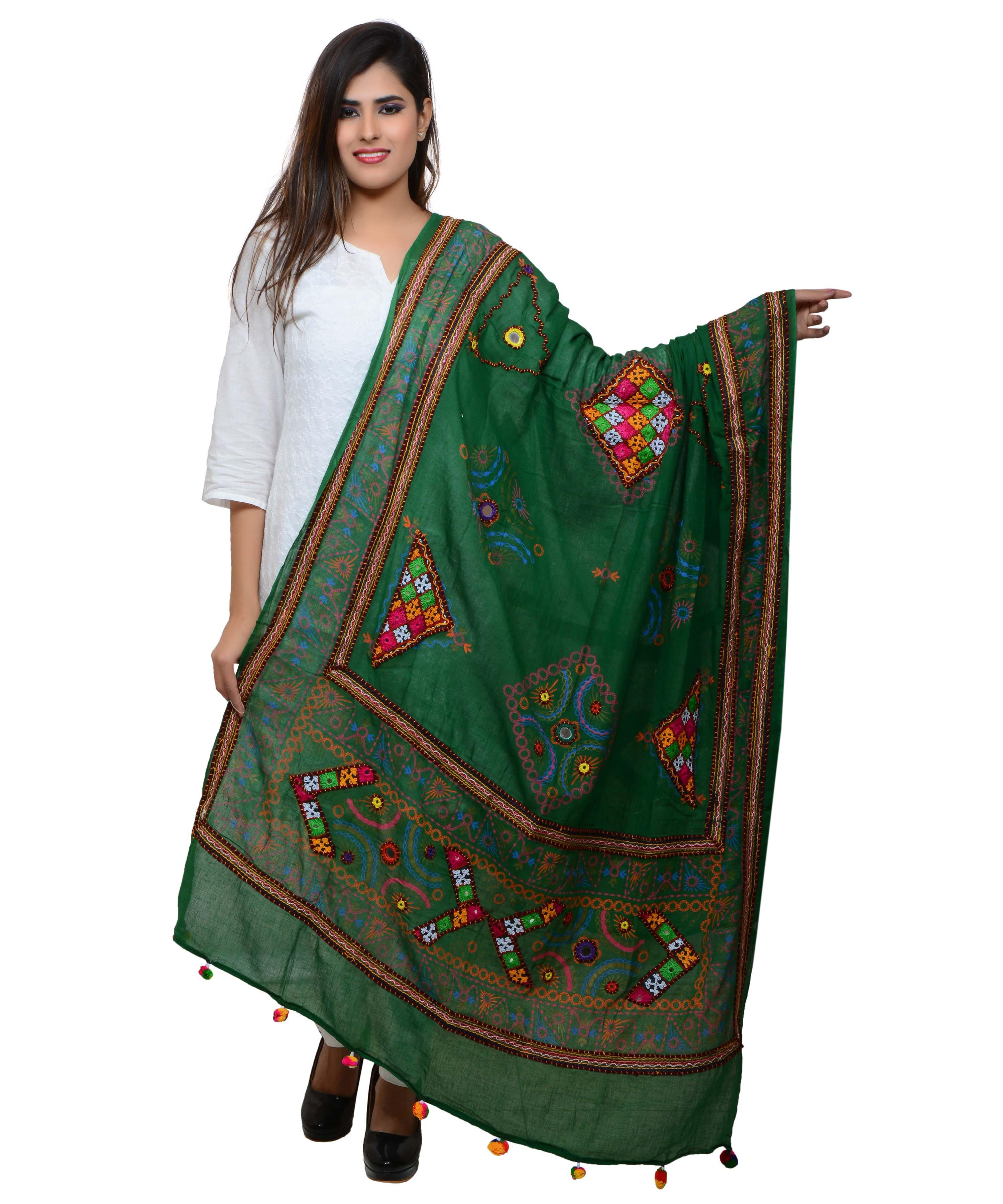 Banjara India Women's Pure Cotton Real Mirrorwork & Hand Embroidery Dupatta (Kutchi Trikon) Dark Green  - TKN05 - Banjara India