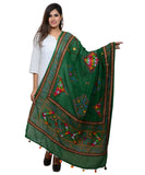 Banjara India Women's Pure Cotton Real Mirrorwork & Hand Embroidery Dupatta (Kutchi Trikon) Dark Green  - TKN05 - Banjara India