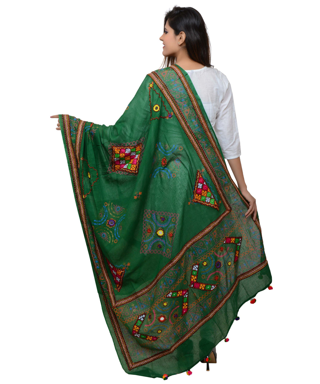 Banjara India Women's Pure Cotton Real Mirrorwork & Hand Embroidery Dupatta (Kutchi Trikon) Dark Green  - TKN05 - Banjara India