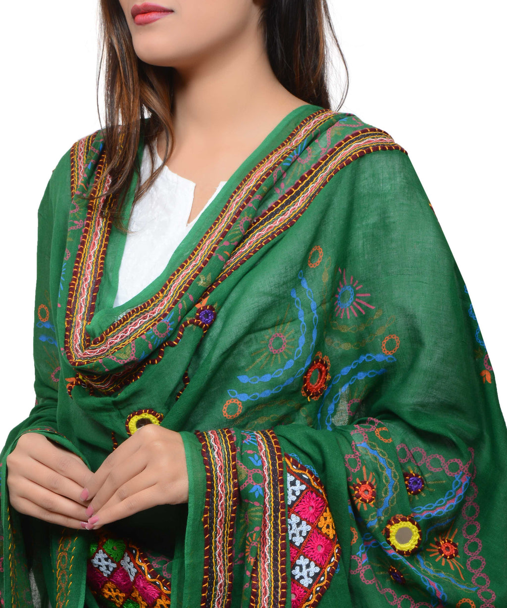 Banjara India Women's Pure Cotton Real Mirrorwork & Hand Embroidery Dupatta (Kutchi Trikon) Dark Green  - TKN05 - Banjara India