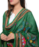 Banjara India Women's Pure Cotton Real Mirrorwork & Hand Embroidery Dupatta (Kutchi Trikon) Dark Green  - TKN05 - Banjara India